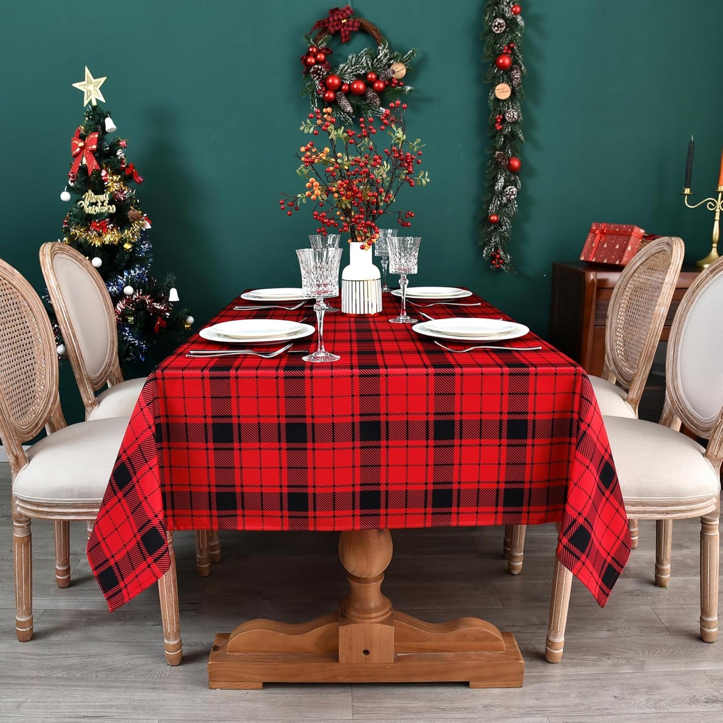Gingham Xmas Tablecloth Fabric - Oblong 58x120 Water Resistant Christmas Plaid Table Cloth for Indoor/Outdoor Use - Red Tabletop Cover Perfect for Birthday, Picnics, Gardens