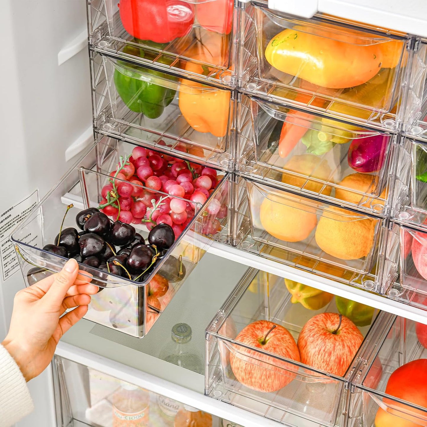 4Pack Clear Stackable Kitchen Storage Organizer,Pantry Organizers and Storage,Foods Organizer Bins with Handles, Easily Assemble for Bathroom, Kitchen, Refrigerator, Pantry, Cabinet, Closet