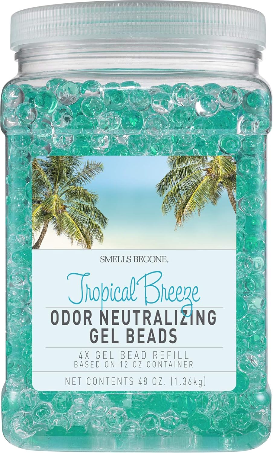 SMELLS BEGONE 48 oz Odor Eliminator Gel Bead Refill - Eliminates Odors in Bathrooms, Cars, Boats, RVs & Pet Areas - Air Freshener - Made with Essential Oils - Tropical Breeze Scent
