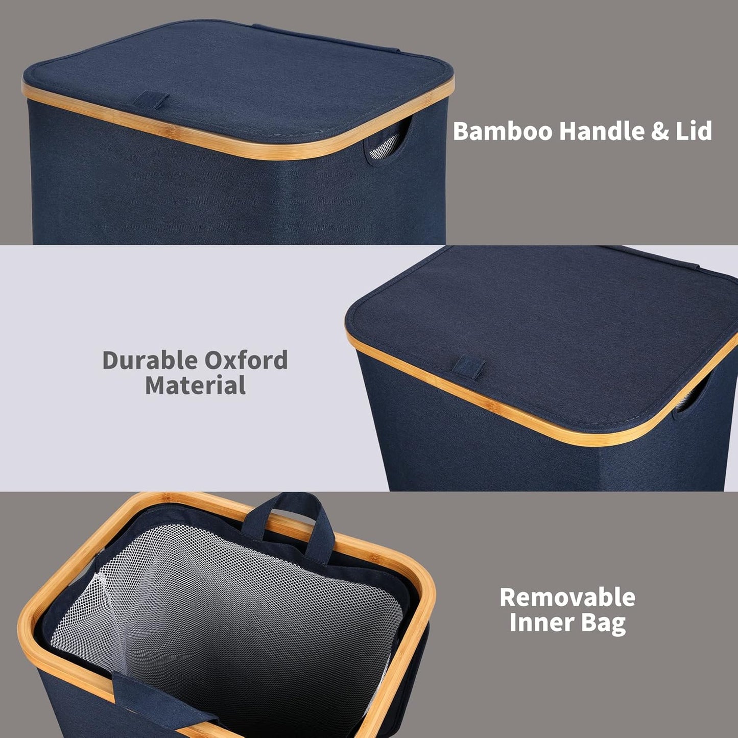 efluky Laundry Basket with Lid and Removable Bag, 100L Tall Laundry Hamper with Bamboo Handles, Aesthetic Dirty Clothes Bin for Laundry Room, Bathroom, Bedroom and Dorm, Blue