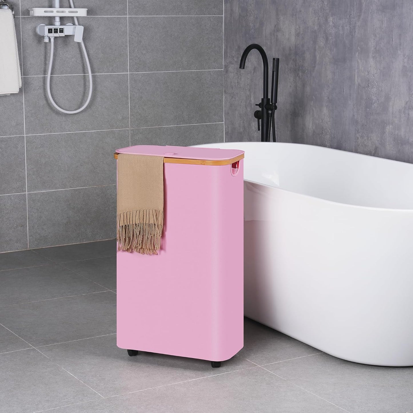 efluky Slim Laundry Basket with Wheels, Narrow Rolling Laundry Hamper with Lid and Removable Bag, Tall Aesthetic Dirty Clothes Hamper on Wheels for Laundry Room, Bedroom, Dorm and Bathroom, 75L Pink