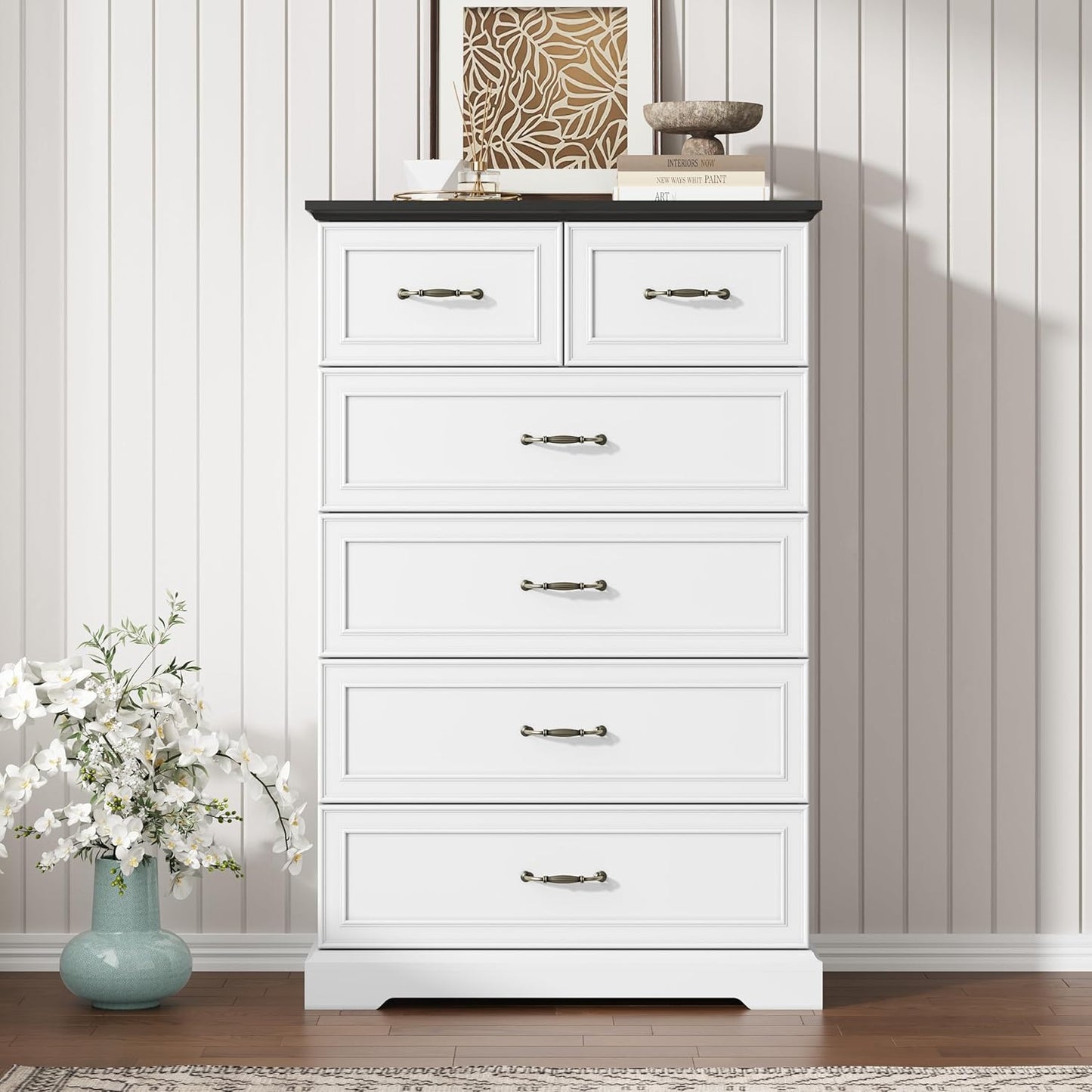 6 Drawer Dresser for Bedroom, 49" Tall Wooden Chest of Drawers, Rustic Farmhouse Dresser with Large Drawers & Metal Handles, Modern Storage Organizer for Closet, Living Room, Hallway, White