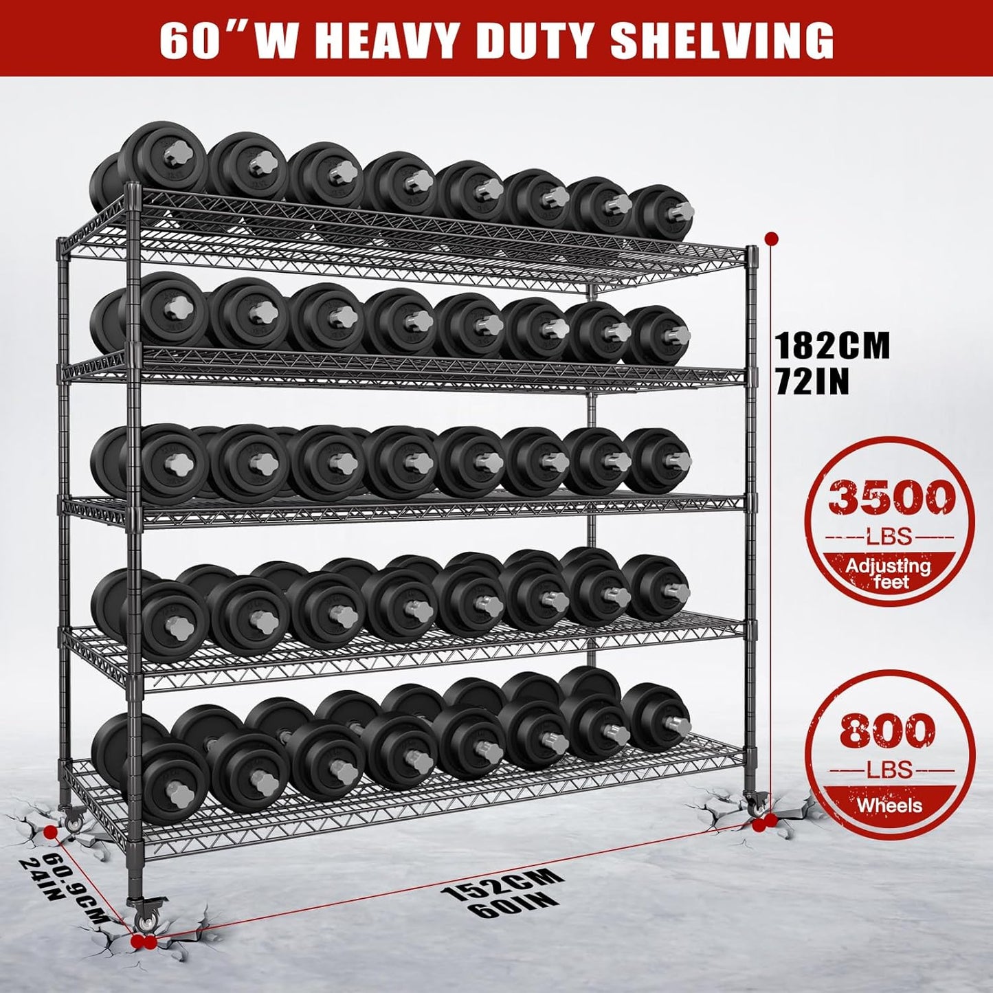 AIRAJ 60” W Storage Shelves Heavy Duty | 5 Tier Wire Shelving | 3500 LBS Metal Shelving | Garage Shelving Units and Storage | Rolling Wire Rack with Wheels | Adjustable Layer Height | 60”W×24”D×72” H