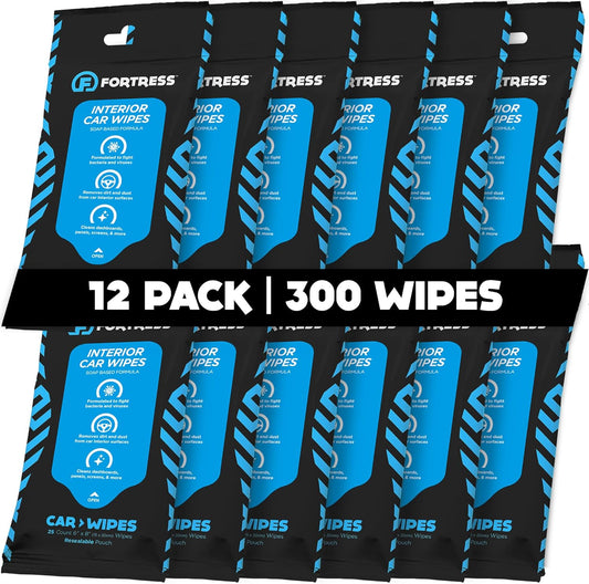 Fortress Car Interior Wipes (25 ct, Pack of 12) for Car Interior Cleaning, Dashboard, Seats, Detailing, and Steering Wheel [Travel Size] Skin-Safe Car Interior Cleaner Supplies
