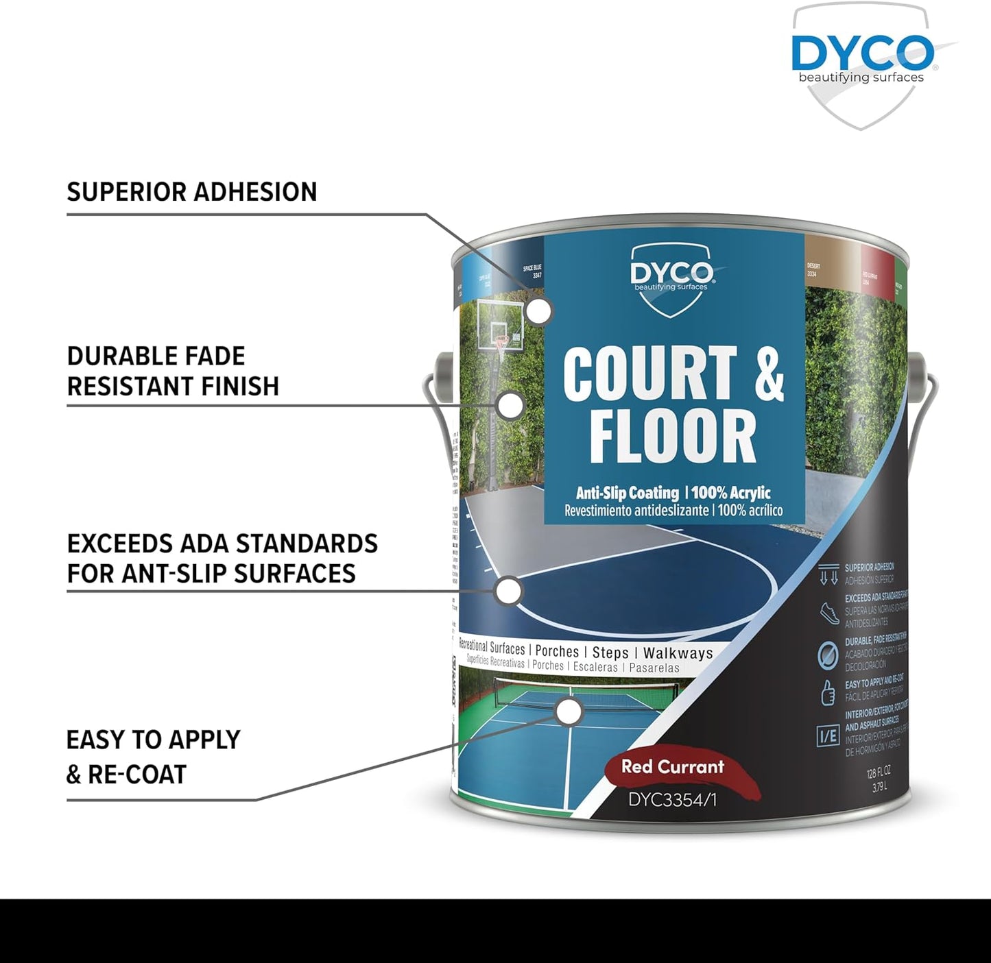 DYCO Court & Floor Anti-Slip Coating - Slip-Resistant Pavement, Cement & Concrete Paint for Pickleball, Tennis & Basketball Courts, Exceeds ADA Standards for Safety Areas (Red Currant, 1 Gallon)