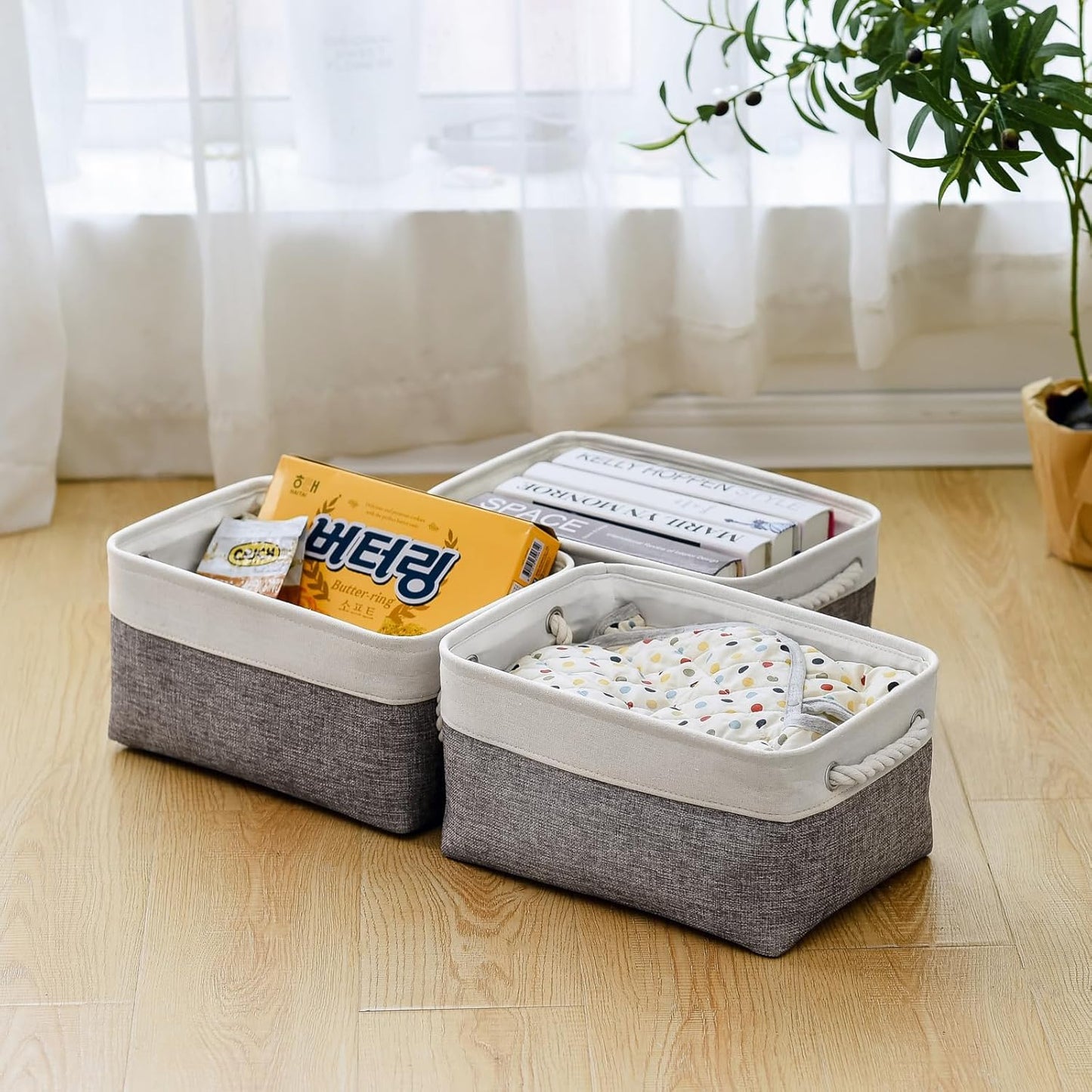 TheWarmHome Organization and Storage Basket for Shelves - 1 Pack 14x10x6.7 inch Collapsible Storage Bins, Fabric Storage Cubes for Closet Organizer Toy Gift Cloth (White & Grey)