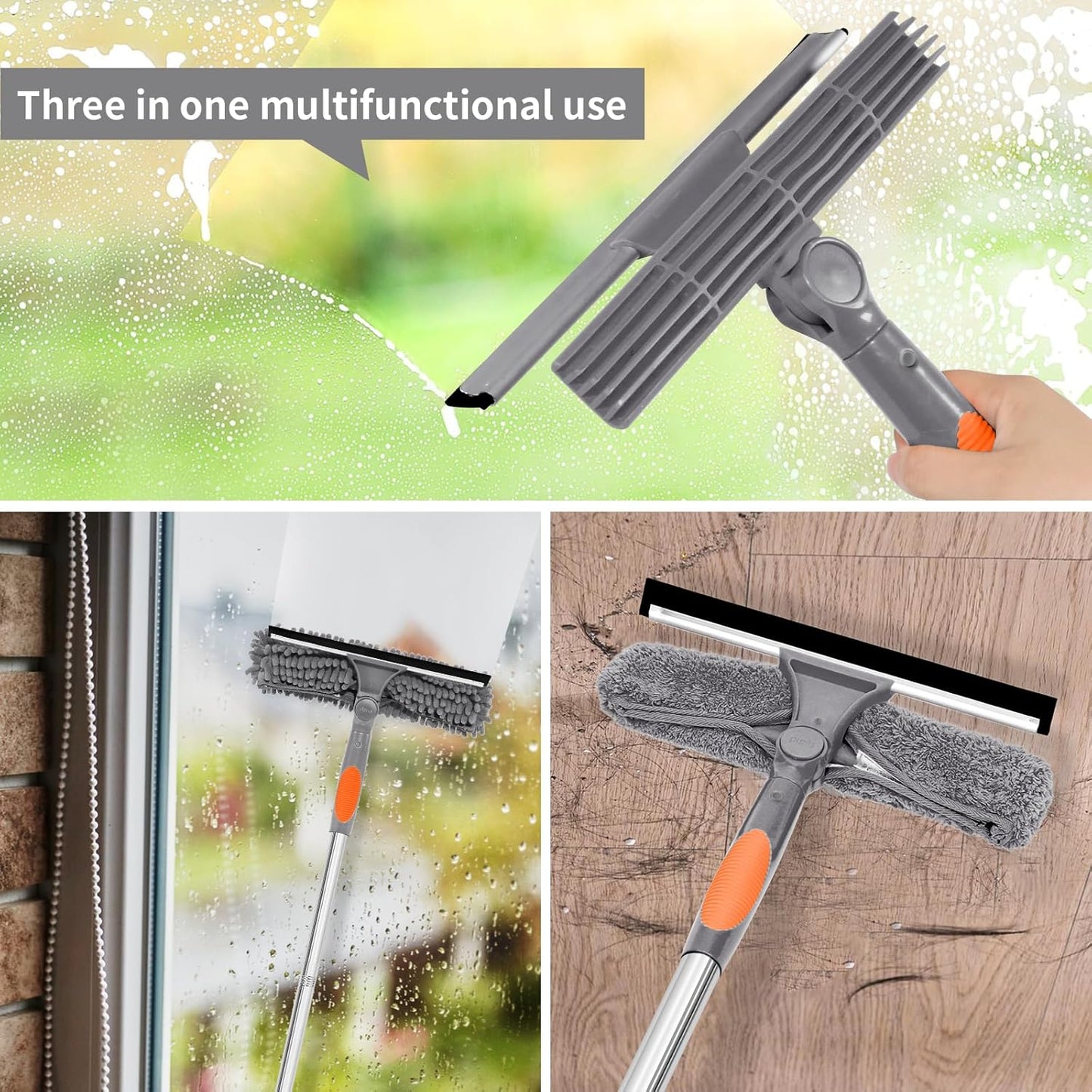 Professional 72'' Window Squeegee Cleaning Washing Tool/Kit with Extension Pole, 3 in 1 Squeegee for Window Cleaning Kit for High Window with 1 Rotatable Head 4 Interchangeable Scrubber