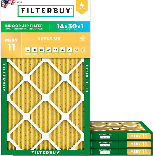 Filterbuy 14x30x1 Air Filter MERV 11 (MPR 1200) Allergen Defense Replacement (4-Pack), Electrostatic Pleated HVAC AC Furnace Filters, Made in USA (Actual Size: 13.88 x 29.88 x 0.75)