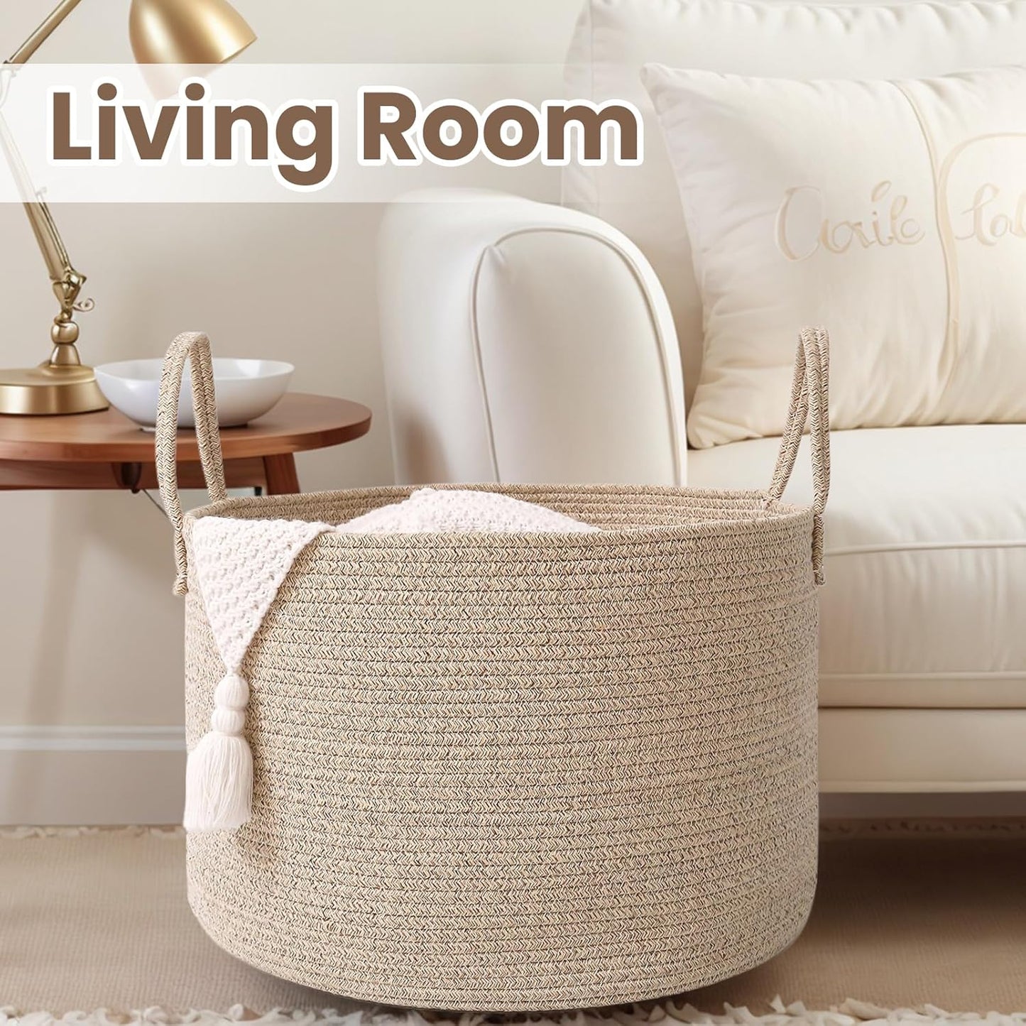 Woven Blanket Basket,65L Large Rope Storage Bin with Handles, Organizer for Blankets Toys Book and Clothes, Laundry Basket for Living Room Bedroom Nursery,Oatmeal