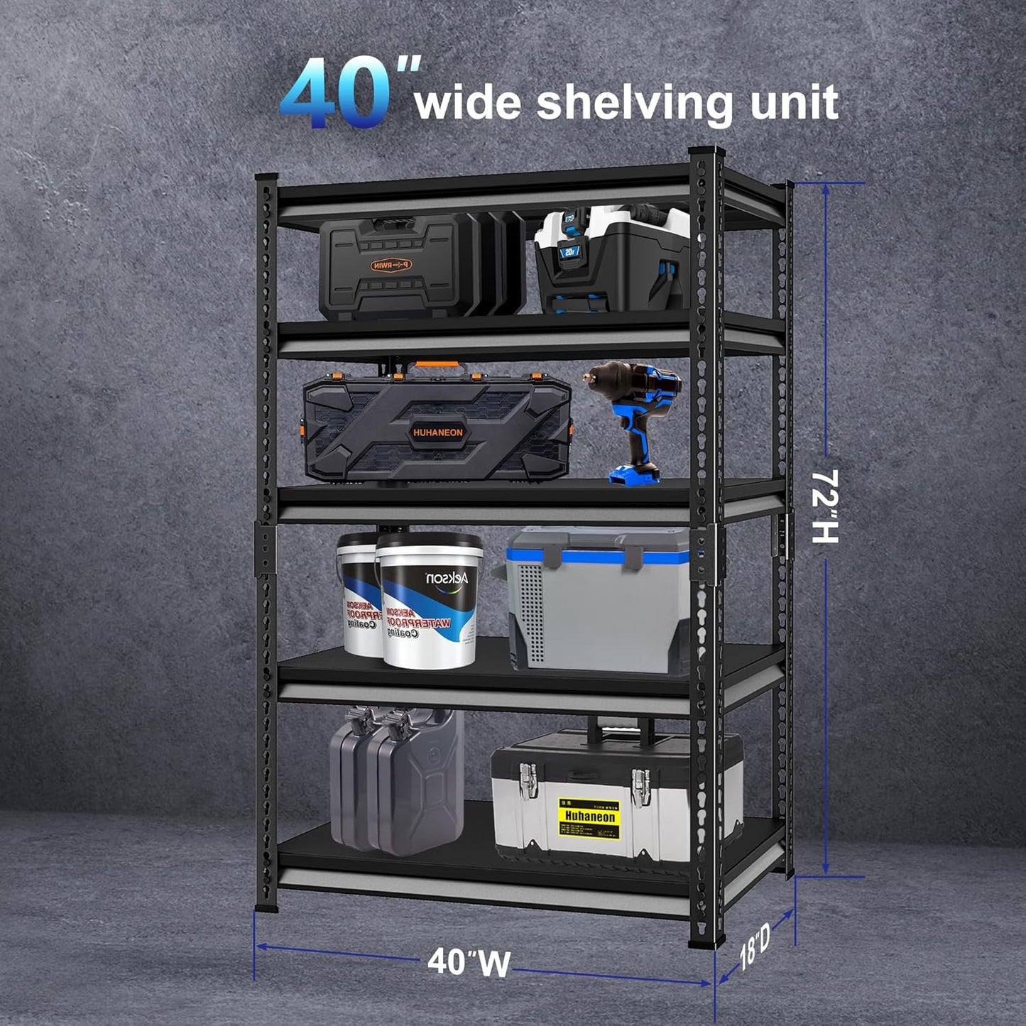 Adjustable Garage Storage Shelves, 40''W Garage Shelving Heavy Duty Loads 2200LBS, Metal Industrial Utility Shelf for Warehouse, Kitchen, Laundry Room,40" W x 18" D x 78" H,Black