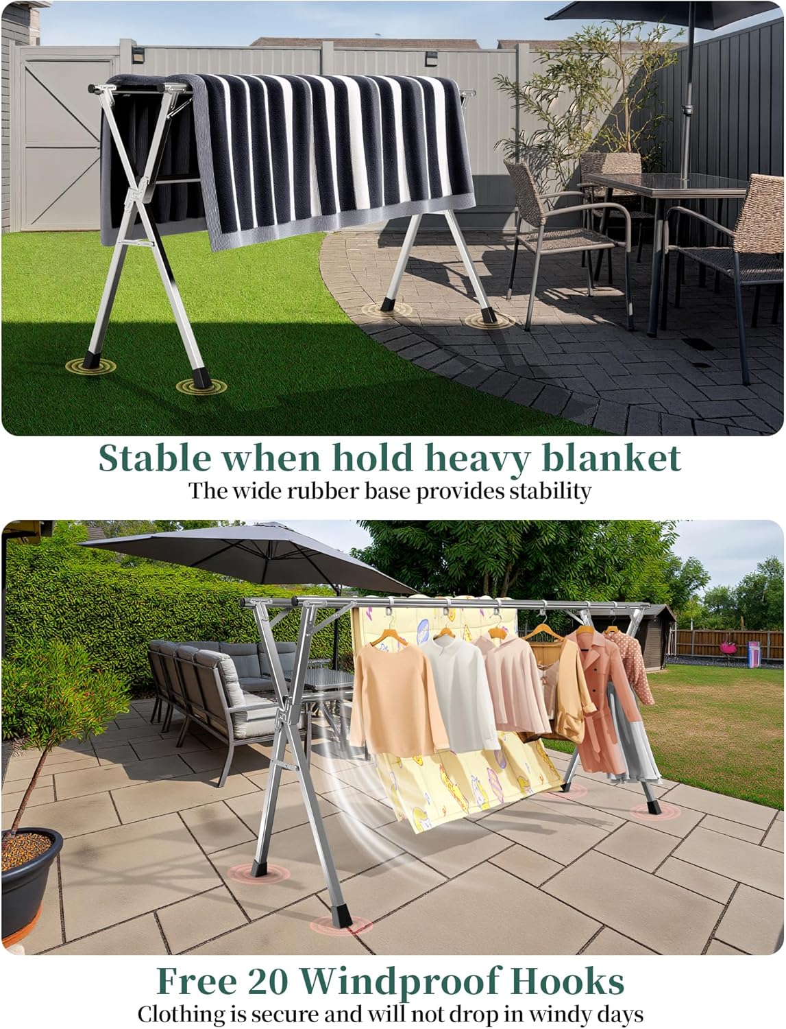 63 Inches Heavy - Duty Stainless Steel Folding Clothes Drying Rack - Indoor/Outdoor Use, Anti-Rust, 20 Windproof Hooks, Portable & Foldable (63'')