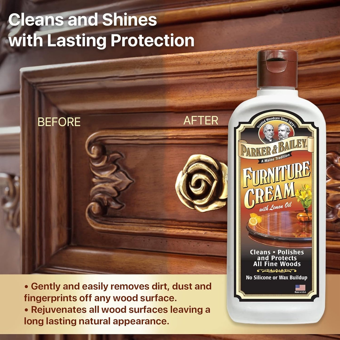 Parker & Bailey Furniture Cream - Multisurface Wood Cleaner and Polish Furniture Quick Shine Restorer Protector Kitchen Cabinets Surface Cleaner House Cleaning Supplies Home Improvement