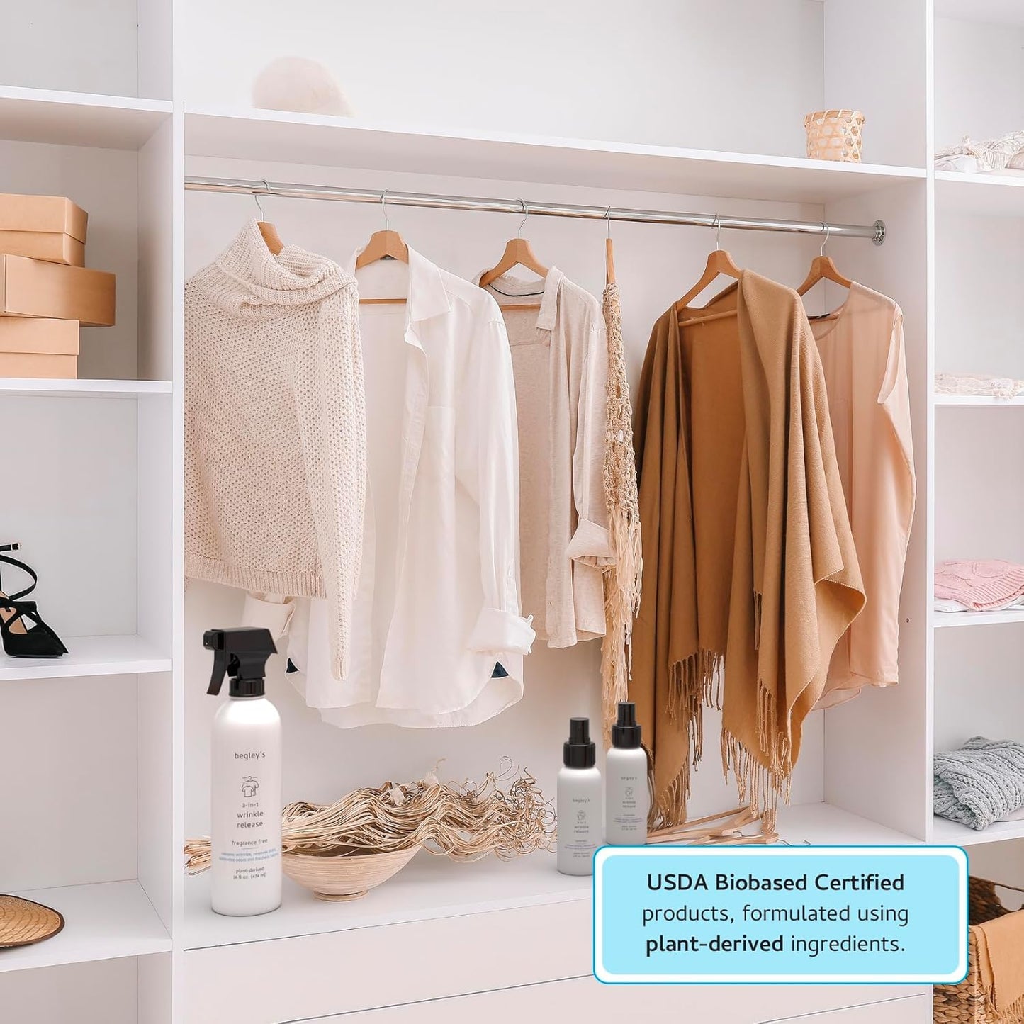 Begley's 3-in-1 Wrinkle Remover, Quick Fix Wrinkle Release, Static Cling Remover, Odor Eliminator and Fabric Refresher Spray - Plant-Derived, USDA Certified Biobased - Lavender, 16 oz, 2 Pack