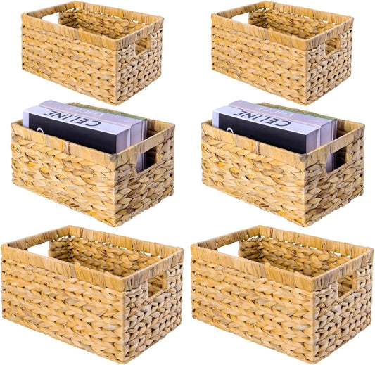 Set of 6 Wicker Storage Basket, Water Hyacinth Storage Baskets, Wicker Storage Baskets for Shelves (Combo 2 Sets SML)