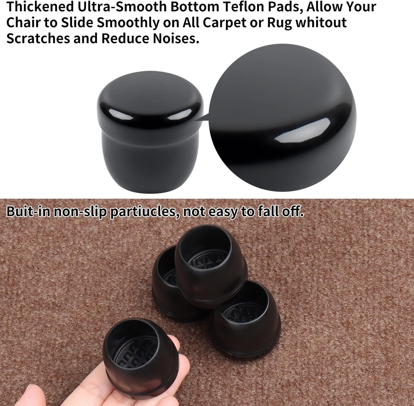 Ezprotekt 24 Pcs Black Chair Leg Sliders for Carpet, Round Teflon Furniture Glides for Rug, Carpet Sliders Protectors Caps for Couch, Dining Table Chair, Bar Stool Legs (L Fit: 1-1/10" to 1-3/10")