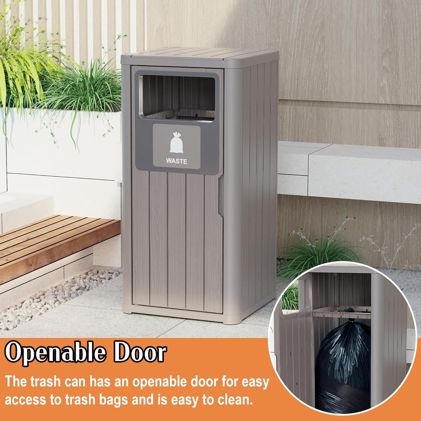 Outdoor Single Barrel Trash Can,Waterproof Resin Garbage Can with Garbage Labels,Durable Waste Bin for Porch, Backyard,Kitchen,for 30 to 39 Gallon Trash Bags