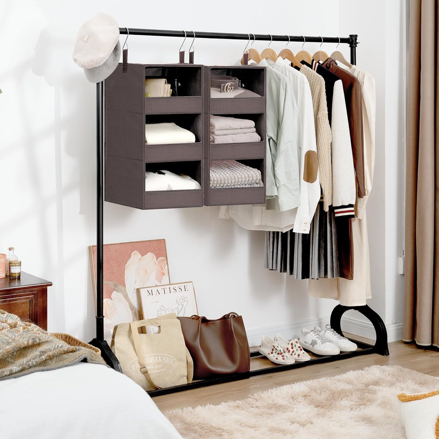 GRANNY SAYS 3 Shelf Hanging Closet Organizers and Storage, Collapsible Closet Storage Organizer with 2 Metal Hooks, Leak-Proof Hanging Shelves for Baby Clothes, Sweaters, 2 Pack, Dark Brown