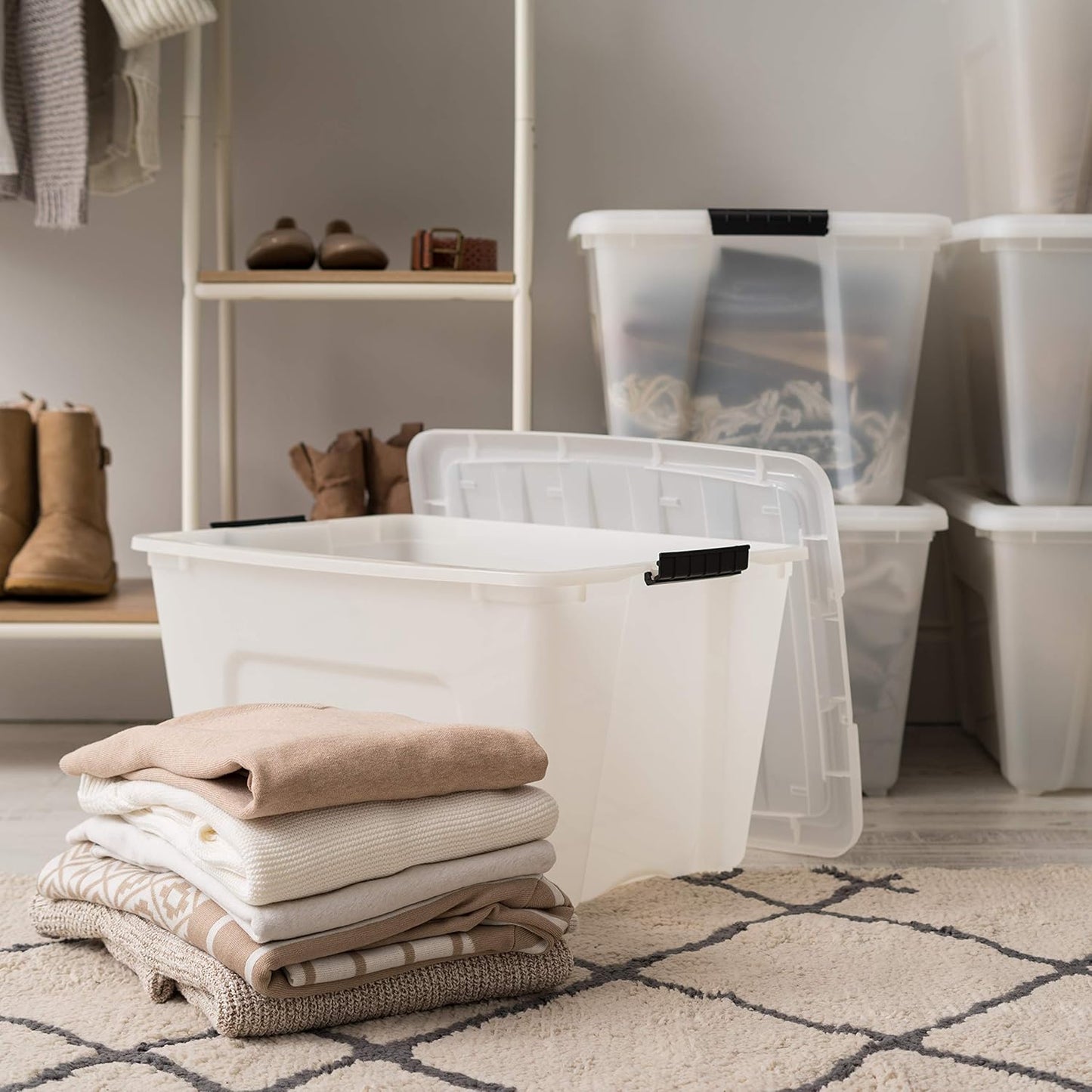 IRIS USA 54 Qt Stackable Plastic Storage Bins with Lids, 4 Pack - BPA-Free, Made in USA - Discreet Organizing Solution, Latches, Durable Nestable Containers, Secure Pull Handle - Pearl