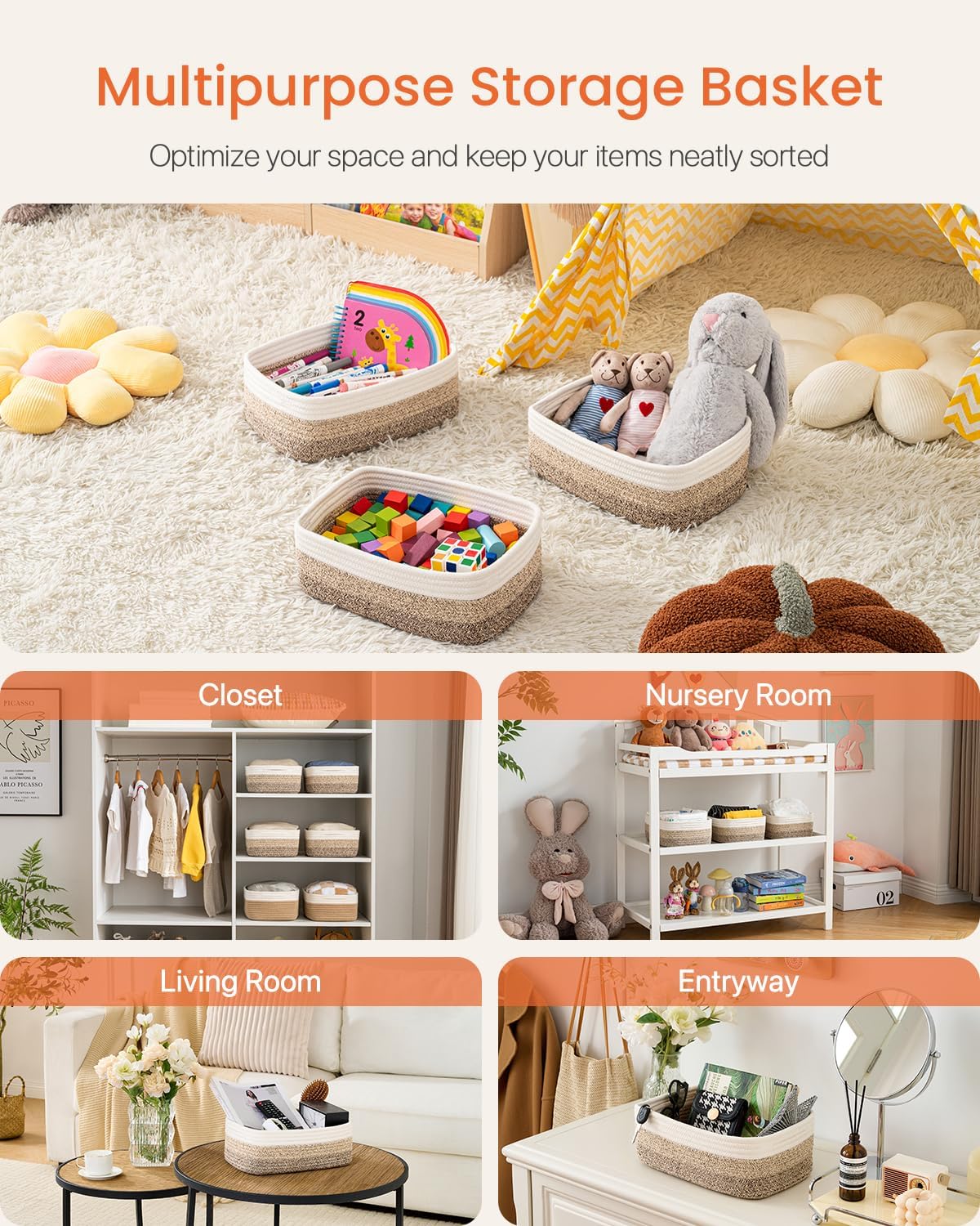 Small Woven Basket, 12 x 8 x 4.5 Inches, Storage Basket for Organizing, Cute Small Rope Shelf Closet Cube Storage Bins Baskets for Shelves, Dog Toy Gift Baskets Empty, 3 Pack Gradient Brown