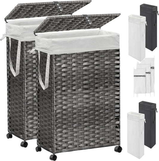 70L Slim Laundry Hamper with Lid & Wheels, 2-Park Rolling Laundry Basket with 4 Removable Liner Bags & 3 Mesh Bags, Narrow Dirty Clothes Basket, Foldable Handwoven Rattan Laundry Sorter, Grey