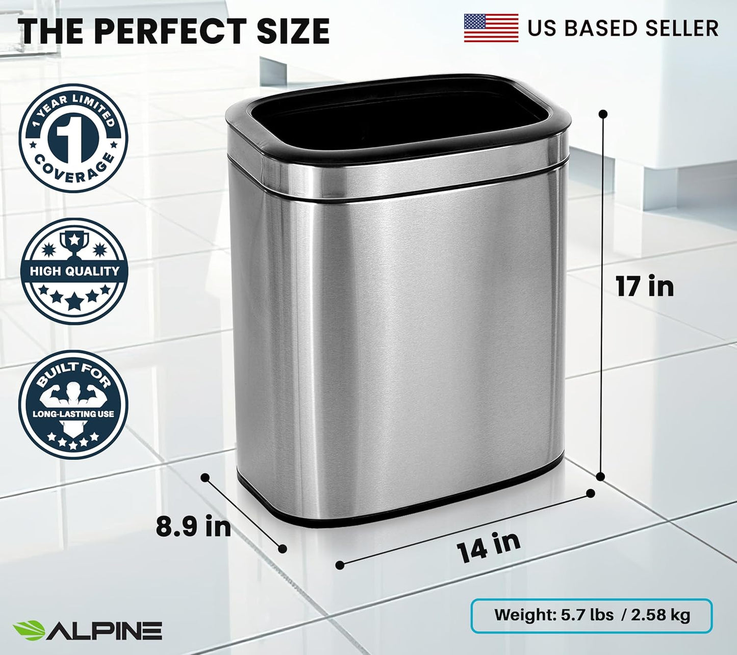 Alpine Stainless Steel Open Top Trash Can 5 Gallon - 20L Garbage Can for Kitchen, Bathroom, Office & More with Removable Bin, Brushed Nickel Finish, Space-Saving Slim Modern Design