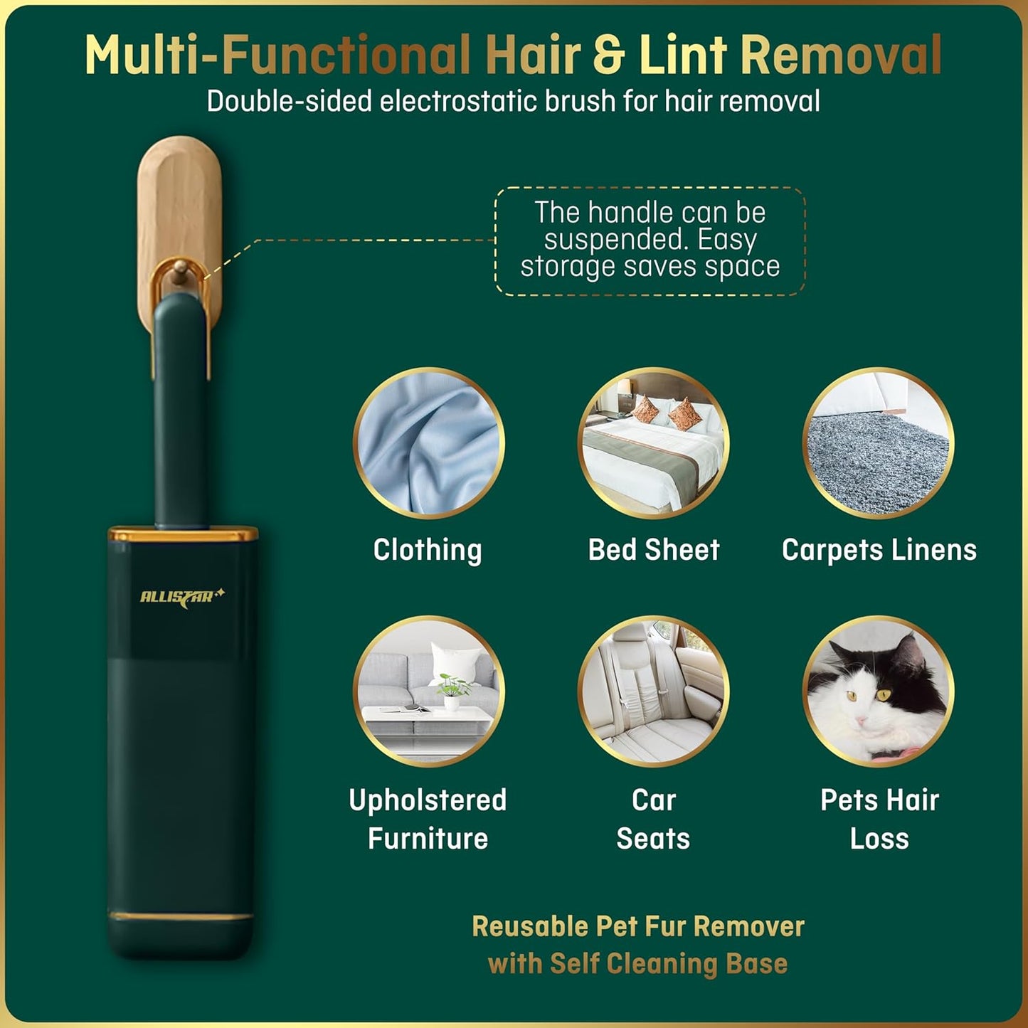 Pet Hair Remover, Lint Remover, Lint Brush for Clothes, Furniture, Carpets, Car Seats. Cat Hair Remover. Dog Hair Remover Laundry. Double-Sided. Reusable. Self-Cleaning Base. ALLISTAR (Forest Green)