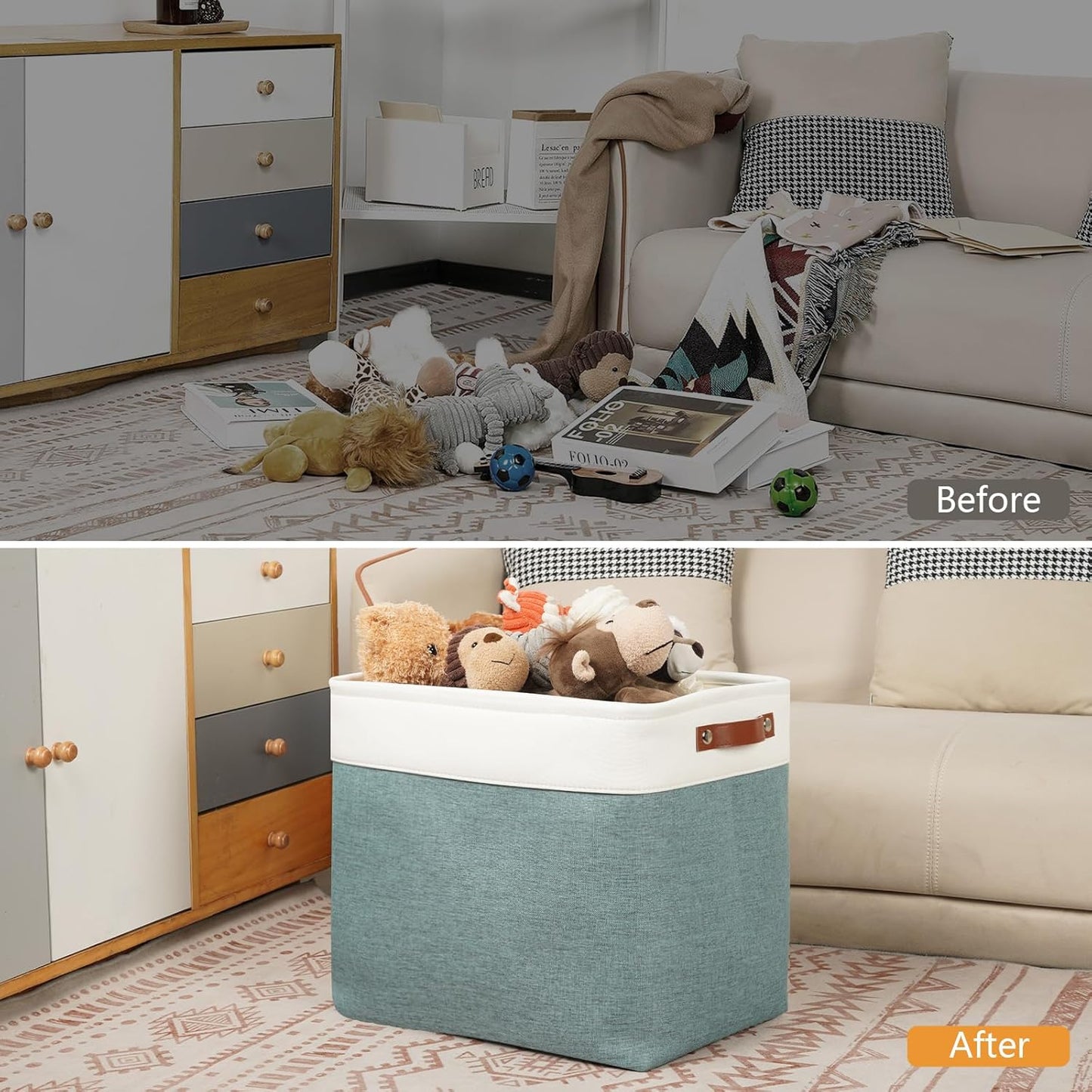 DULLEMELO Large Rectangular Baskets for Blankets 51L Canvas Storage Baskets for Organizing 3 Pack Collapsible Baskets Bins for Organizing Home Office with Handles (White&Deep Green)