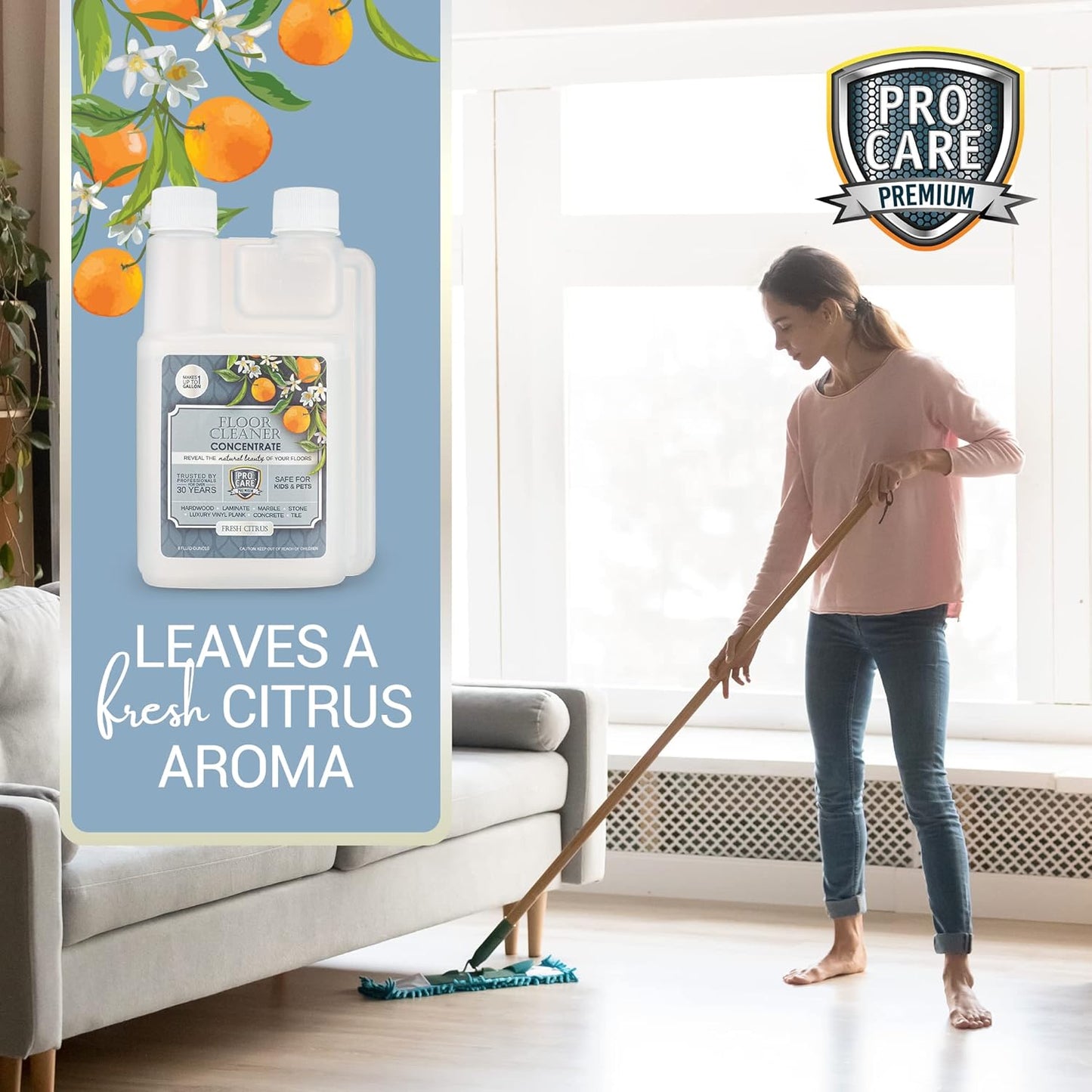 ProCare Citrus Floor Cleaner Concentrate (Made in USA) | Vinyl, Wood, Tile, Stone & Laminate Floor Cleaner For Mopping, Household Supplies, Cleaning Solution Concentrate For Kitchen & Bathroom - 8oz