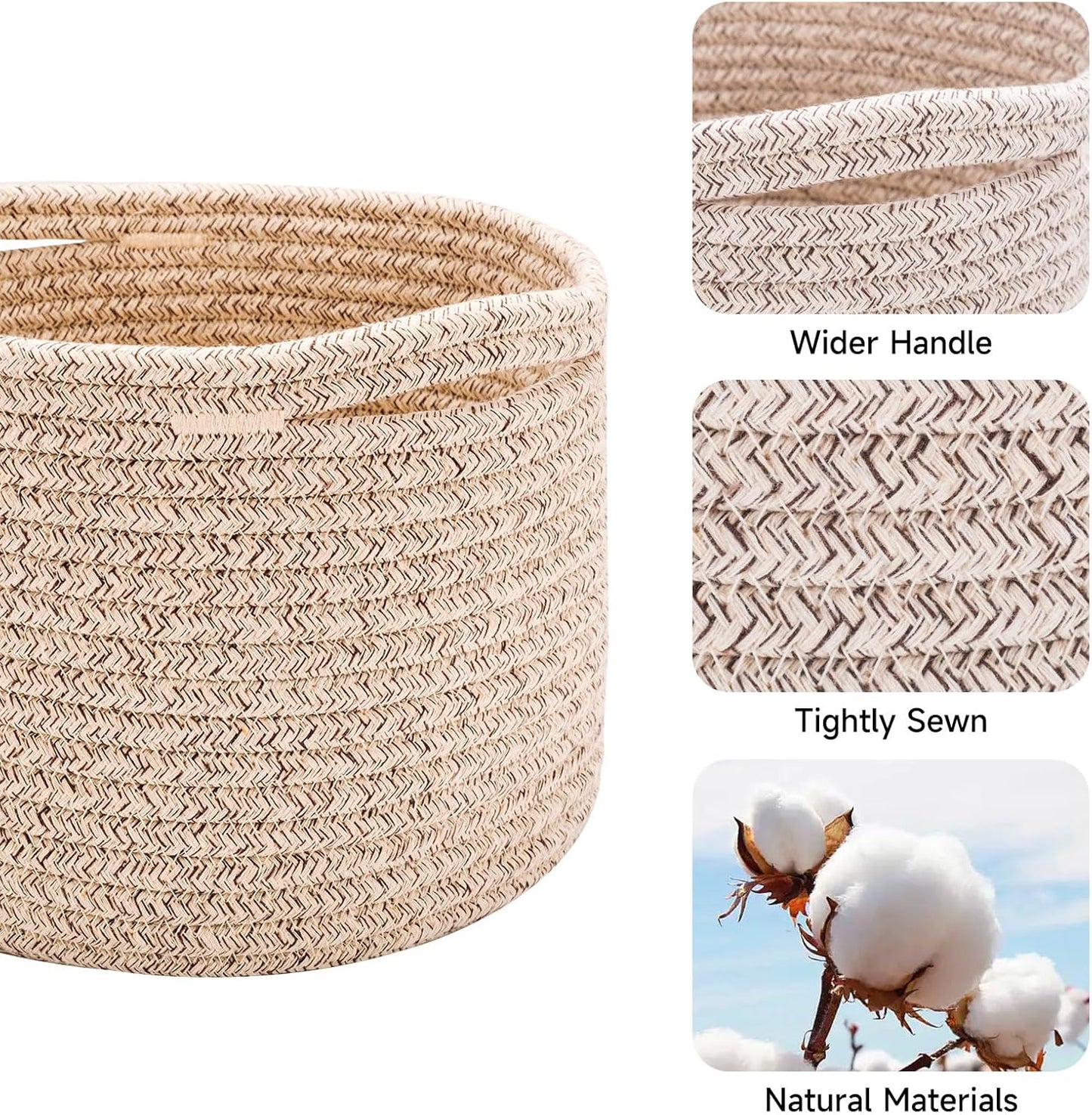 Small Basket for Organizing | Cube Shelf Closet Storage Baskets | 9.7×9.7×7.1” | Woven Rope Gift Basket | Nursery | Round 3 Packs Mixed Brown