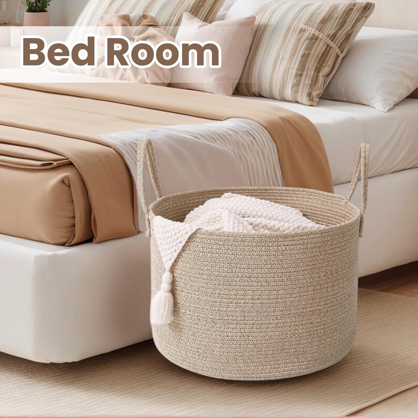 Woven Blanket Basket,65L Large Rope Storage Bin with Handles, Organizer for Blankets Toys Book and Clothes, Laundry Basket for Living Room Bedroom Nursery,Oatmeal