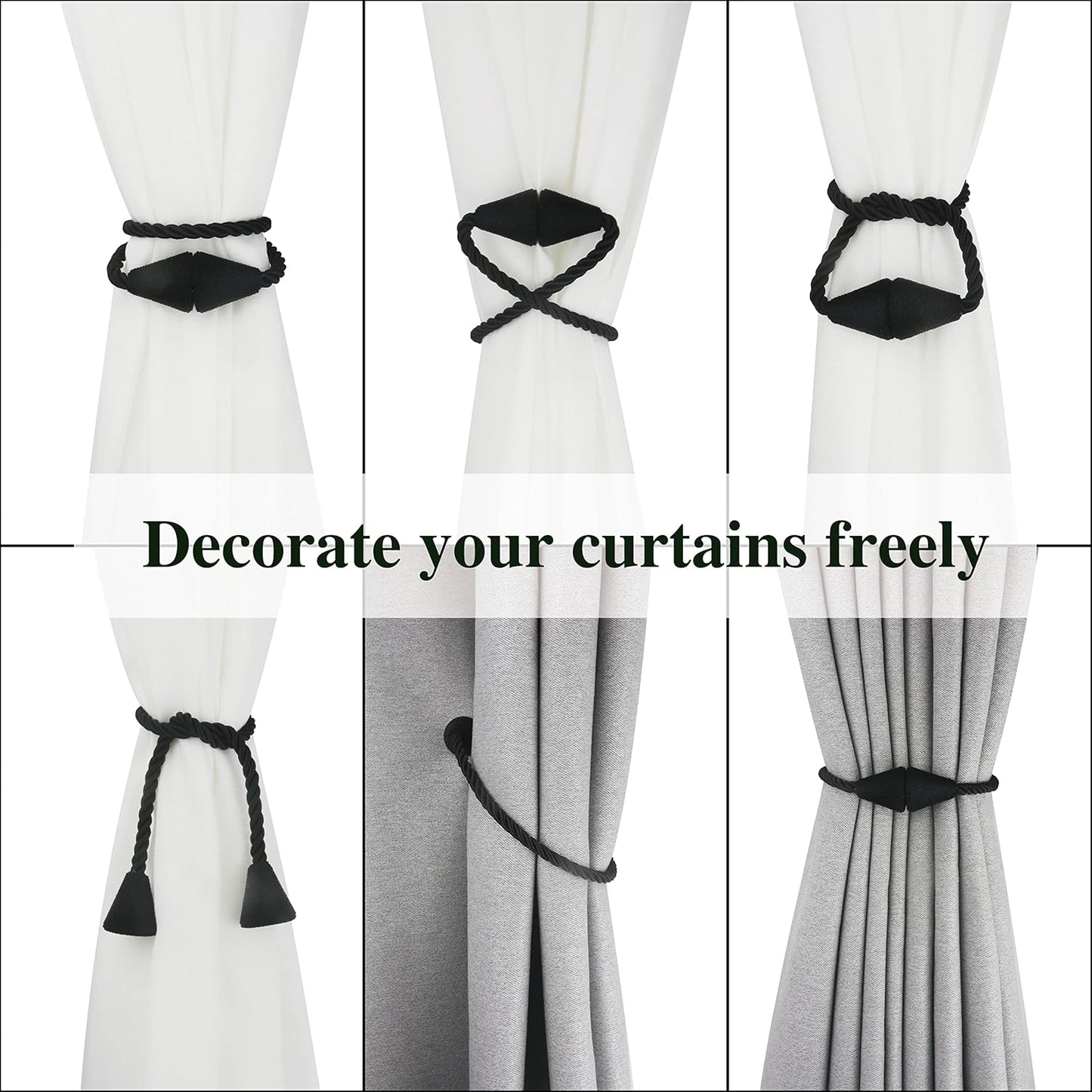6 Pack Magnetic Curtain Tiebacks Rope Modern Handmade Curtain Tie Backs Decorative Drapes Weave Holdbacks for Window Décor, Black