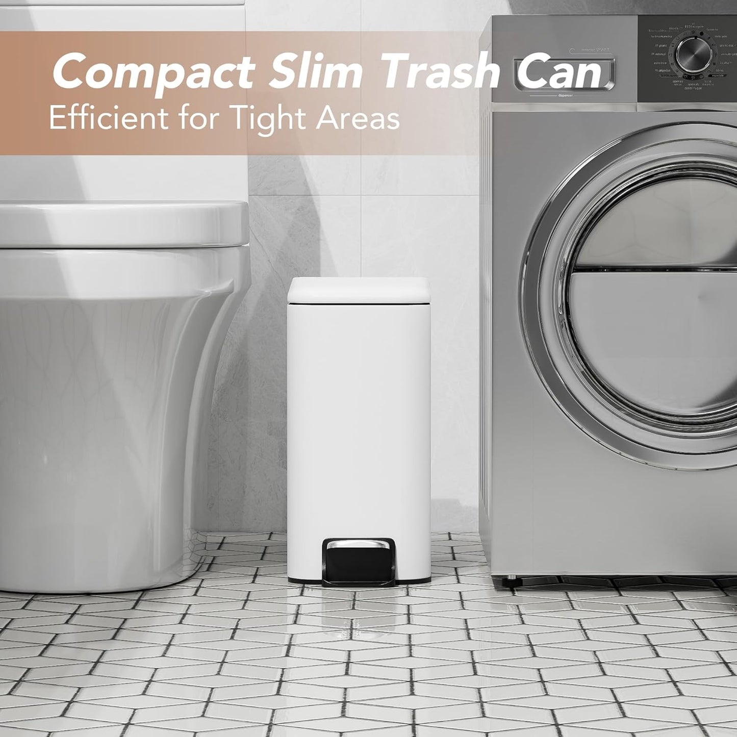 Small Trash Can with Lid Soft-Close, 6 L/1.6 Gal Bathroom Garbage Can with Removable Inner Bucket, Step Pedal, Stainless Steel Wastebasket for Kitchen, Bathroom, Bedroom, Office, White