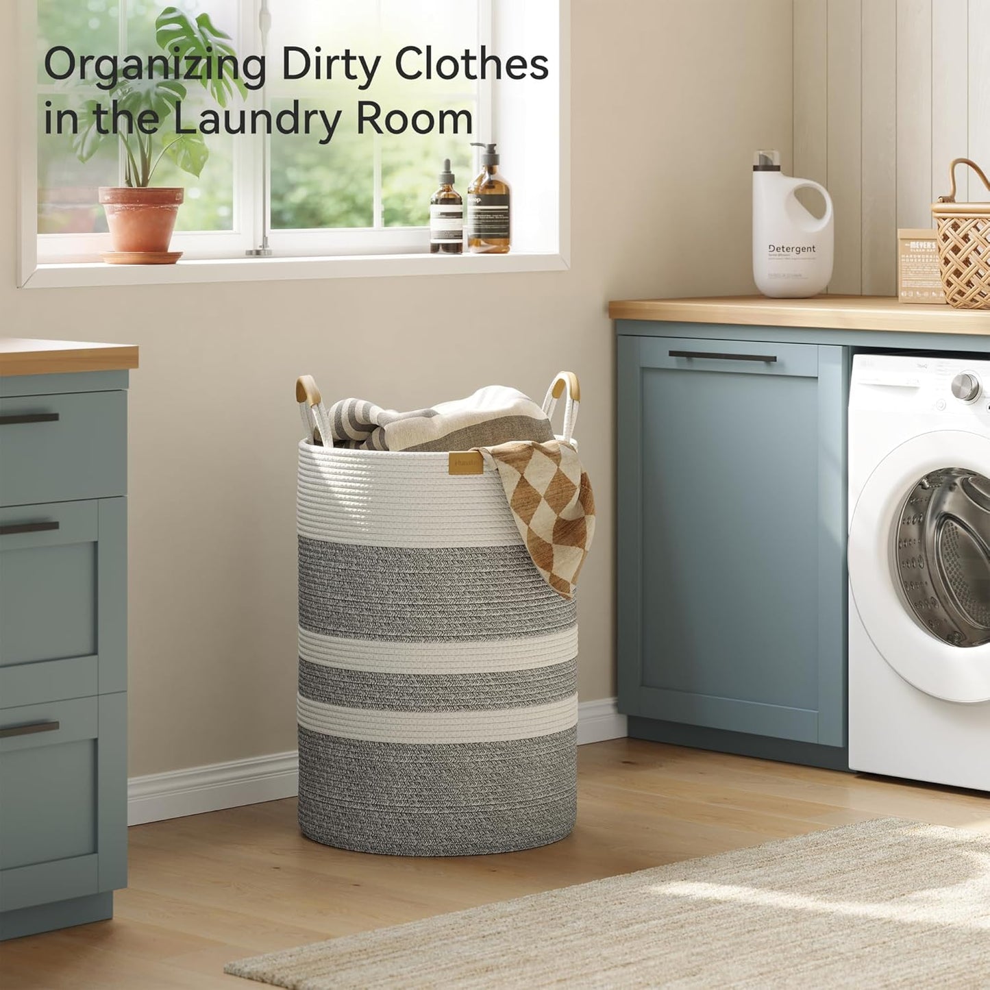 95L Striped Laundry Hamper with Leather Handles ,Large Foldable Laundry Basket for Clothes,Cotton Rope Storage Bin for Blankets,Woven Clothes Basket for Bedroom,Gray Stripes