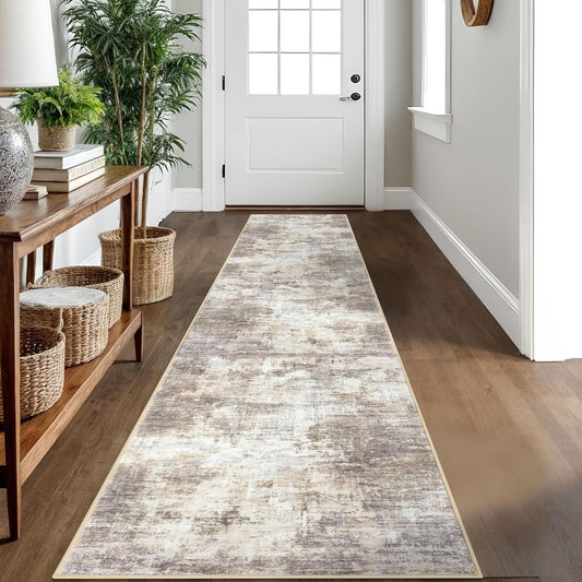 IOHOUZE Abstract Runner Rug 2x10 Ft Washable Runners for Hallways, Non Slip Kitchen Runner Printed Faux Wool Entryway Runner Indoor, Modern Abstract Floor Carpet for Hall Kitchen, Beige Brown