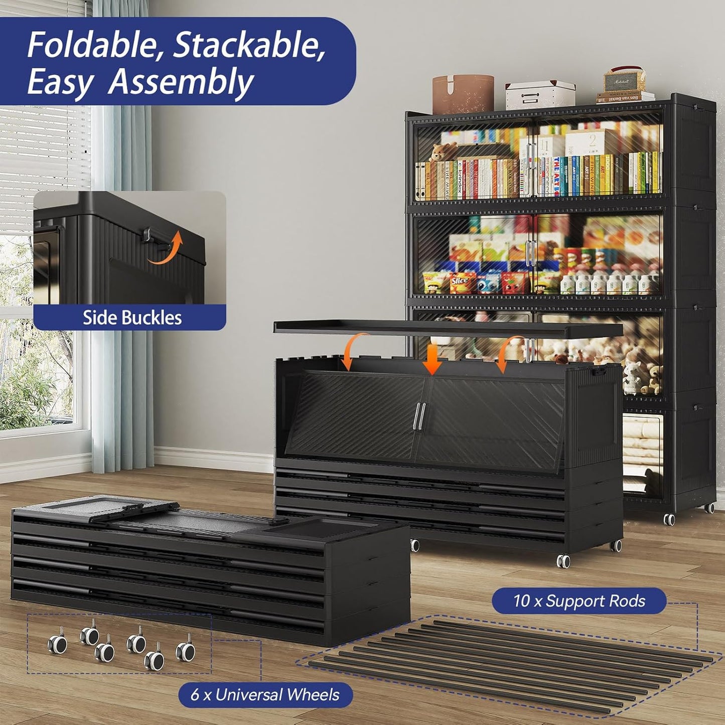 240GAL Extra Large Storage Bins with Lid, 960QT Collapsible Organizer with Wheels, Stackable Closet Cabinet with Doors, Folding Storage Containers for Home, Office, Dorm, 3Pack Black