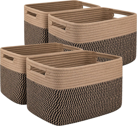 OIAHOMY 4 Pack Storage Baskets for Organizing, Basket for Shelves with Handle, Woven Baskets for Storage Toys, Towels, Books, Cotton Rope Basket 13" L x 9 " W x 7.8 " H, Brown & Black