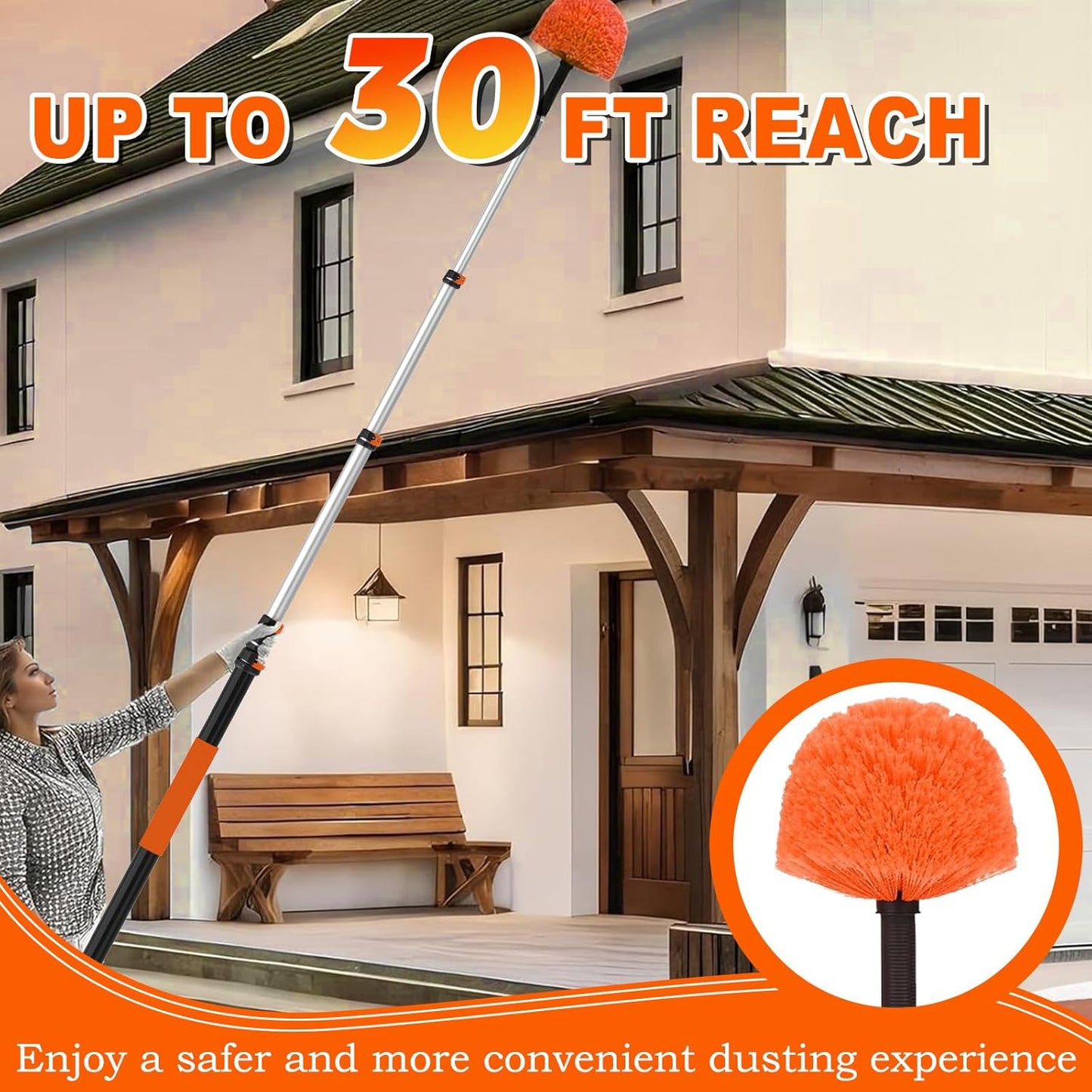 30FT Reach Cobweb Duster with Extension Pole, High Ceiling Long Duster with 5-24FT Telescoping Pole, Spider Web Brush for Indoor Outdoor Use