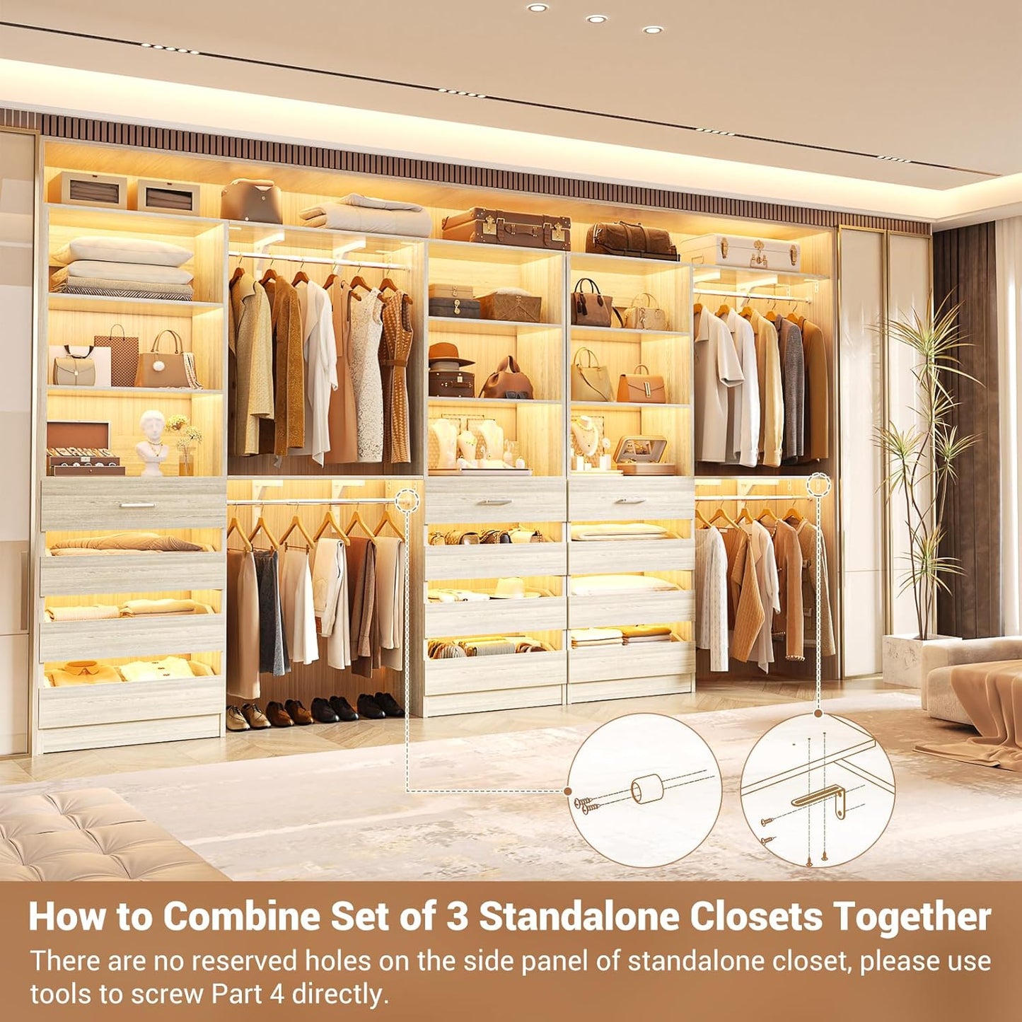 Aheaplus Closet System Set of 3, 138.5" Wood Closet Organizer System Tower with 12 Drawers & 4 Hanging Rods, 6.7+4.85Ft L Shaped Walk-in Closets Wardrobe Organizer Garment Rack with Shelves, White Oak