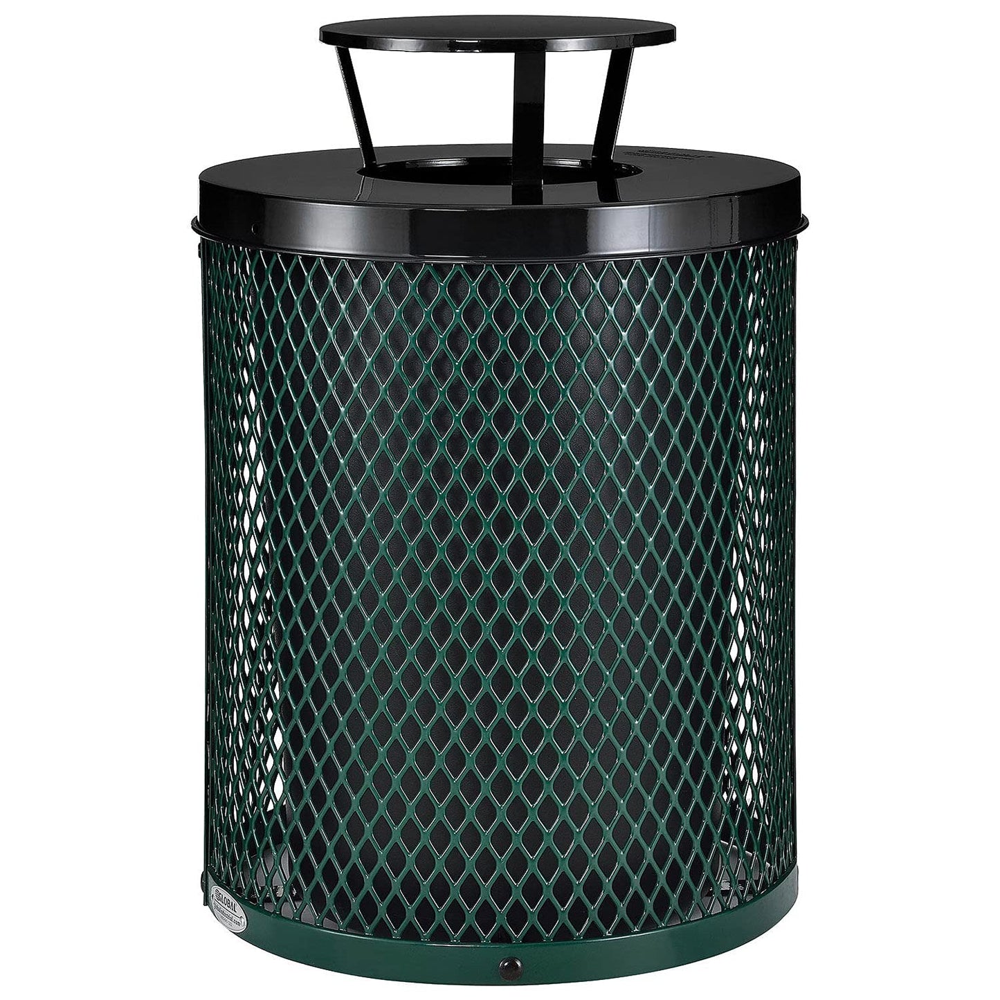 Global Industrial Outdoor Diamond Steel Trash Can with Rain Bonnet Lid and Plastic Liner, 36 Gallon Capacity, Green, Thermoplastic Coating, 23-1/2" Diameter, 40-1/2"H