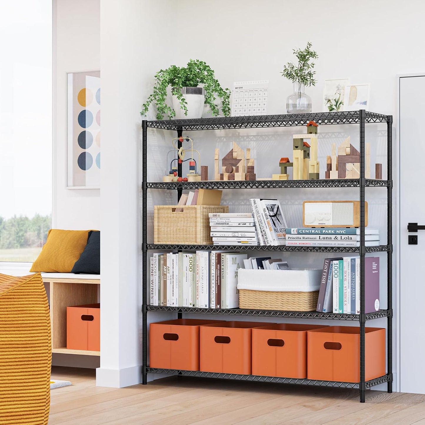 5 Tiers Storage Shelves Load 3300LBS, Metal Shelving Wire Metal Shelving Unit Shelves for Storage Adjustable Garage Shelving for Pantry Kitchen Garage Black 17.7" D x 59.1" W x 70.4" H