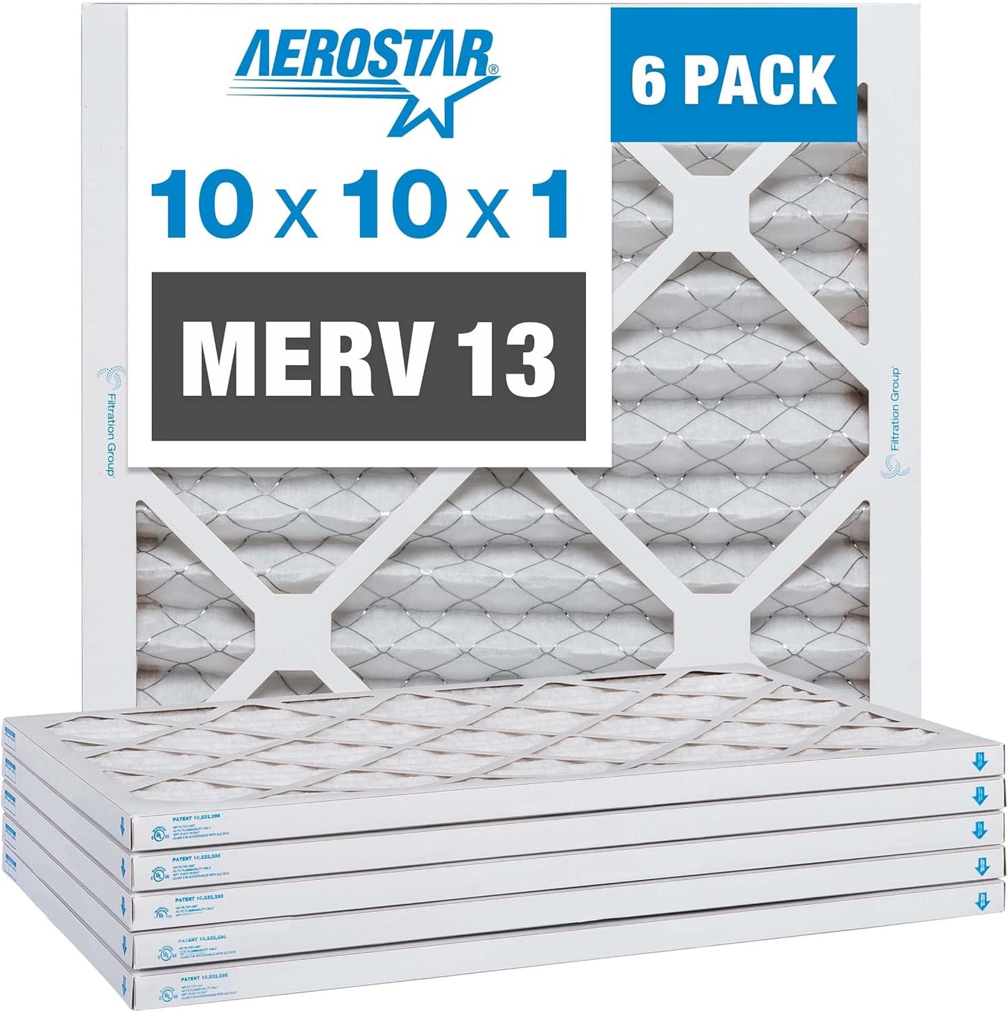 Aerostar 10x10x1 MERV 13-6 Count - Pleated Furnace & Air Conditioner Filters - Removes Bacteria, Dust, Cold & Flu Germs, Lint, Mold, Pet Dander, Allergy-Causing Pollen, Smog, Smoke & Viruses