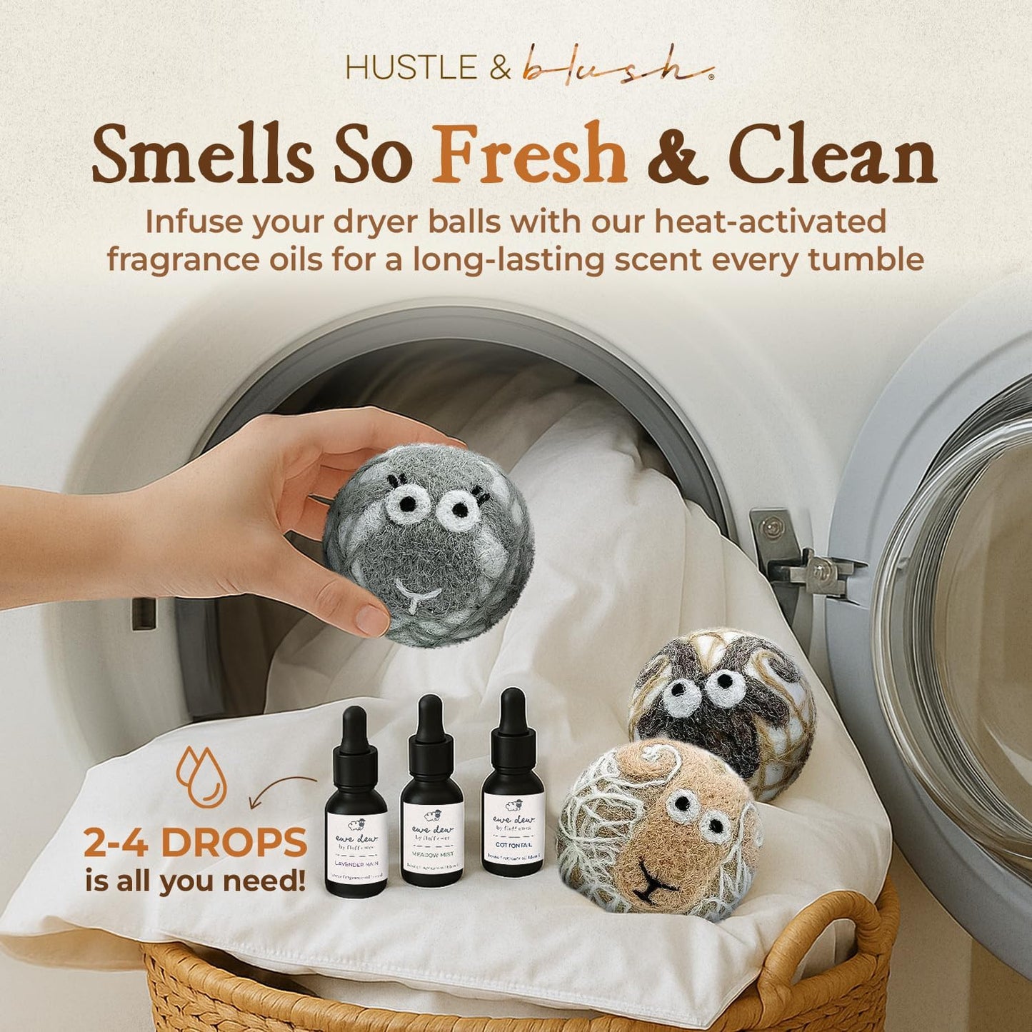 Fluff Ewes Wool Dryer Balls 6 Pack Premium New Zealand Wool Laundry Balls for Dryer, No Static Dryer Balls Laundry Reusable, XL Wool Dryer Balls Cute, Baby Dryer Balls for Dryers - Classic