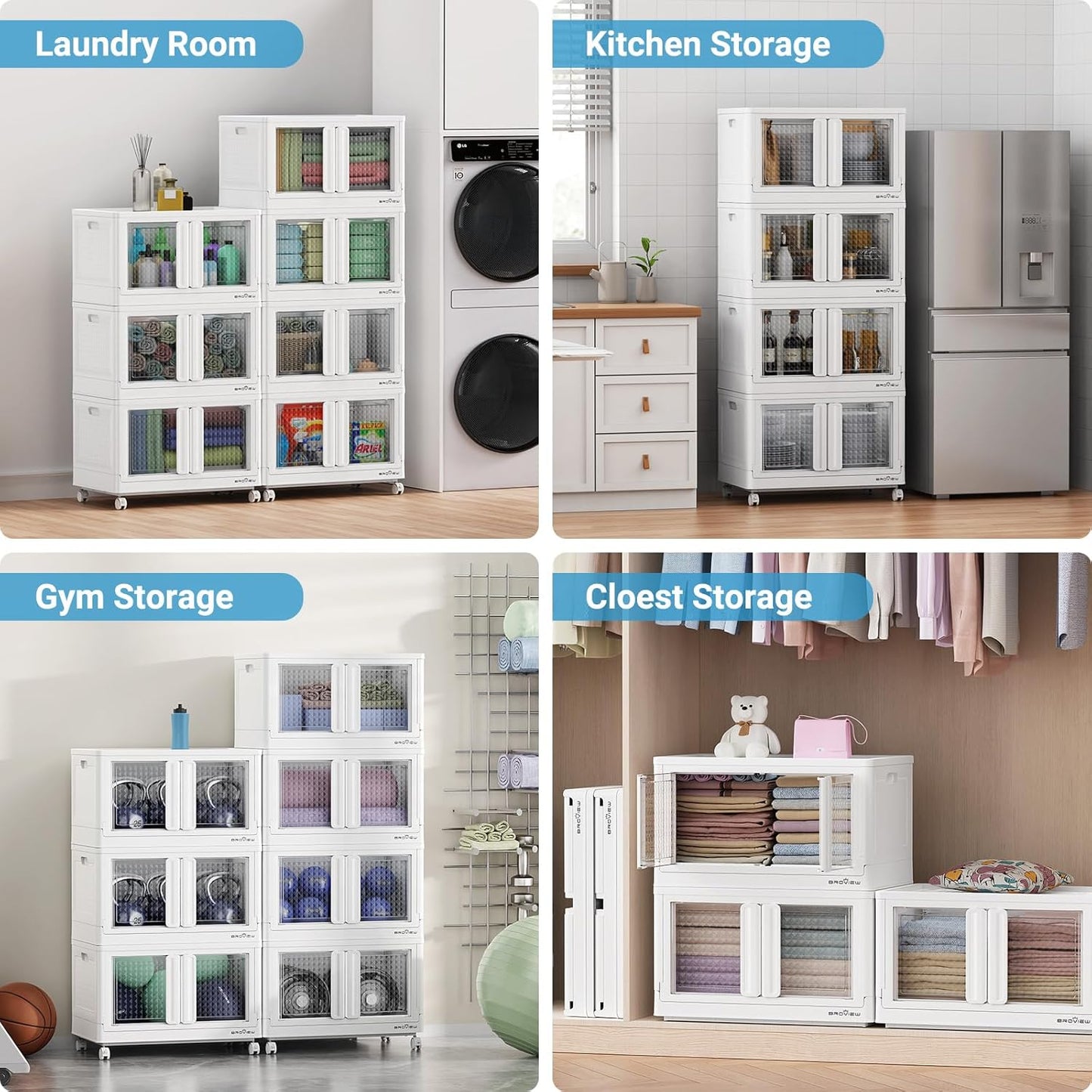 BROVIEW 160Gal Stackable Storage Bins with Lids & Wheels, 640Qt Plastic Collapsible Closet Organizer and Storage Drawers, Storage Boxes Cabinets for Home, Office, 8 Pack, White