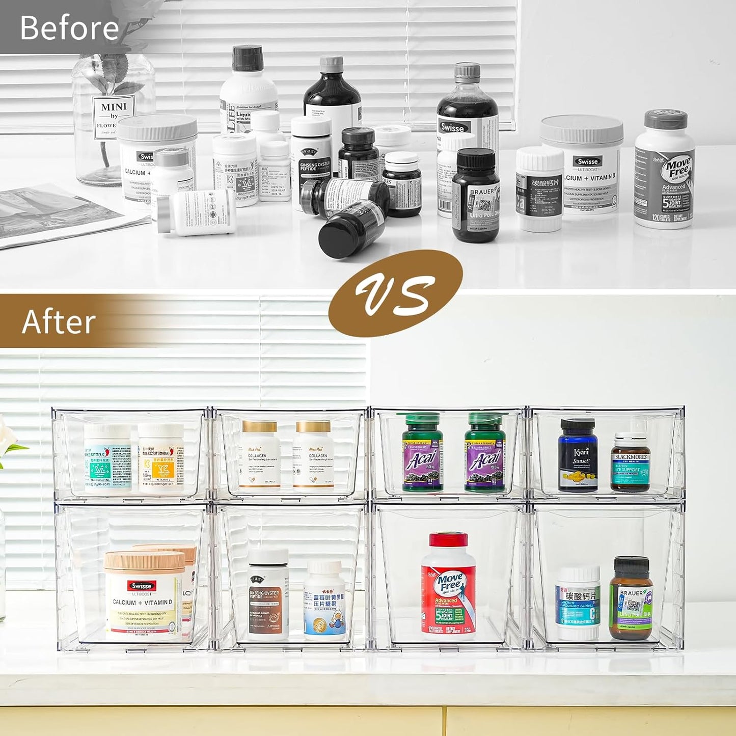 8Pack Stackable Kitchen Storage Organizer, Pantry Organizers and Storage, Clear Foods Organizer Bins with Handles, Easily Assemble for Bathroom, Kitchen, Pantry, Cabinet, Closet