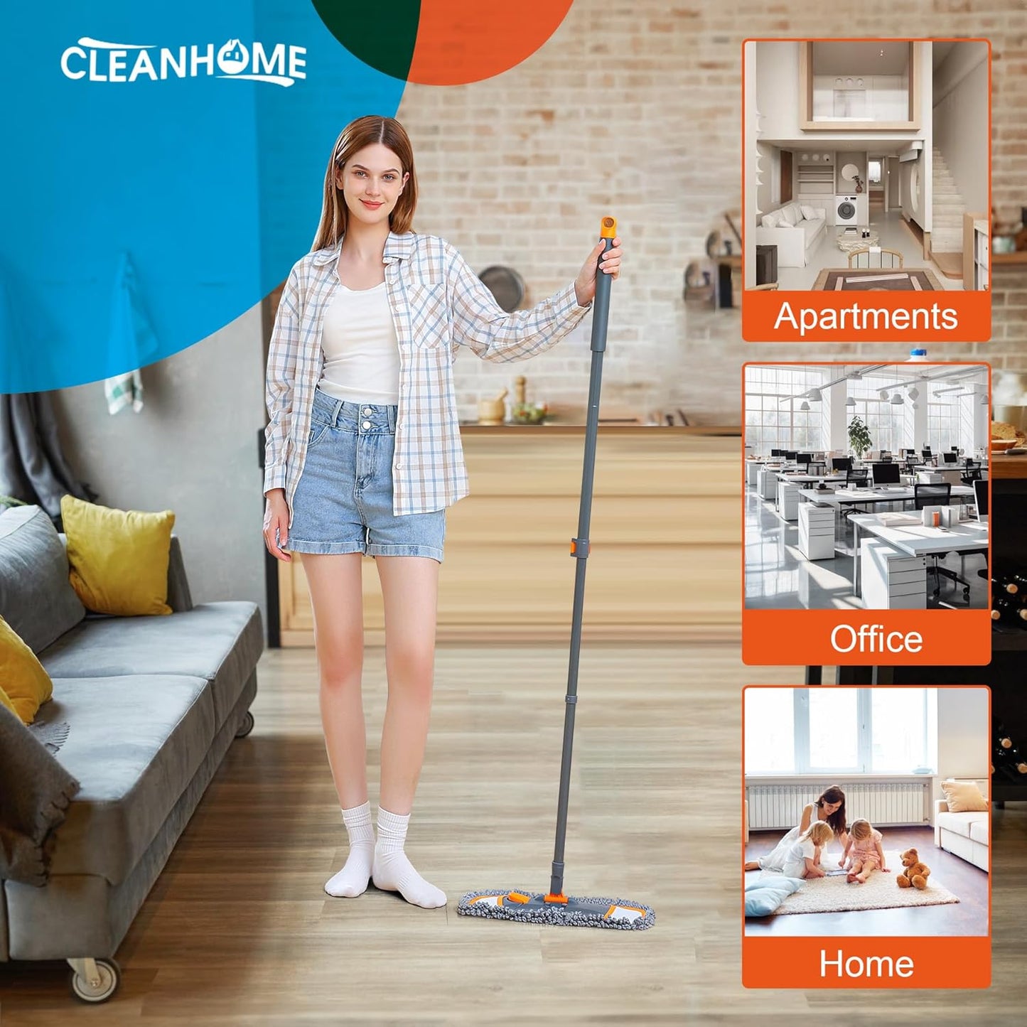 Mops for Floor Cleaning with 3 Different Washable Pads and Extendable 55” Long Handle, Multifunction Dust Mop for Hardwood,Marble,Tile Floor Mopping,Orange