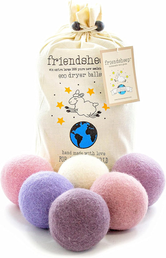 Friendsheep Wool Dryer Balls, Organic Reusable Fabric Softener Alternative for Laundry, Handmade, Fair Trade, Hypoallergenic, Eco-Friendly, Plastic-Free (6 Pack XL - Lavender Bliss)