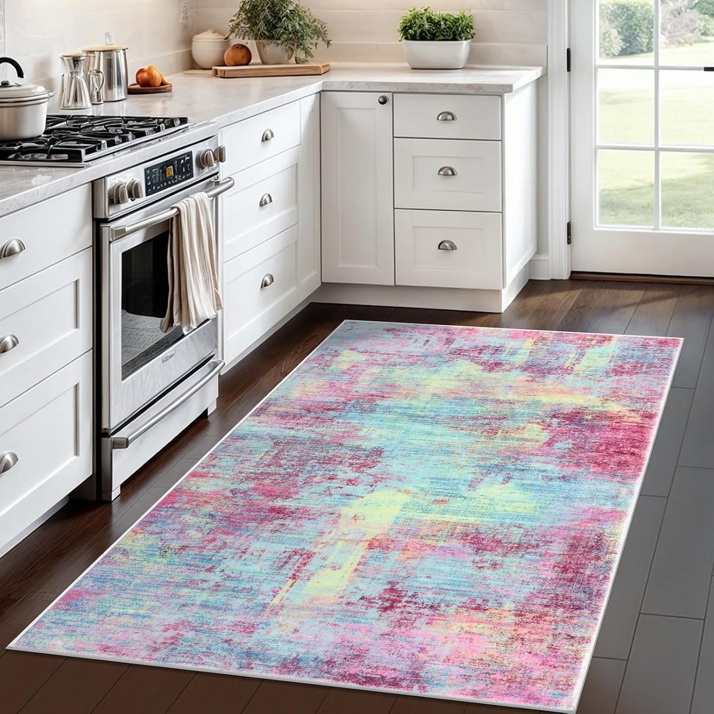 IOHOUZE Abstract Area Rug 4x6 Ft Washable Rugs for Entryway Indoor, Non Slip Small Living Room Rugs Printed Faux Wool Throw Rug, Floor Carpet for Kitchen Nursery Playroom, Pink Teal