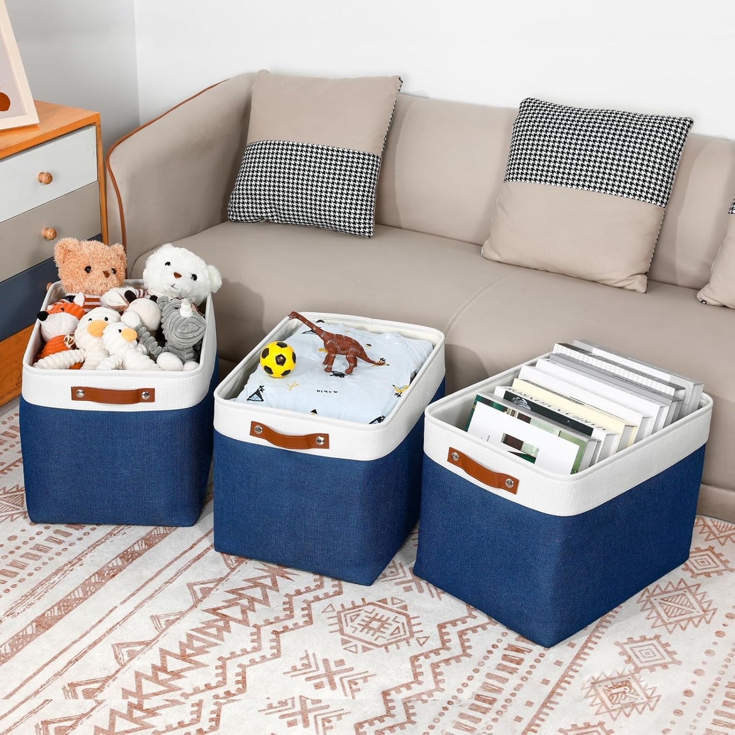 DULLEMELO Large Storage Baskets, Fabric Storage Bins for Organizing Foldable Linen Shelf Baskets for Clothes, Toys, Closet, Laundry (White&Blue,16"x12"x12"-1 Pack)