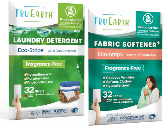 Tru Earth Bundle: Laundry Detergent Sheets & Fabric Softener Sheets - Plastic Jug-Free, Easy-to-Use - Fragrance-Free