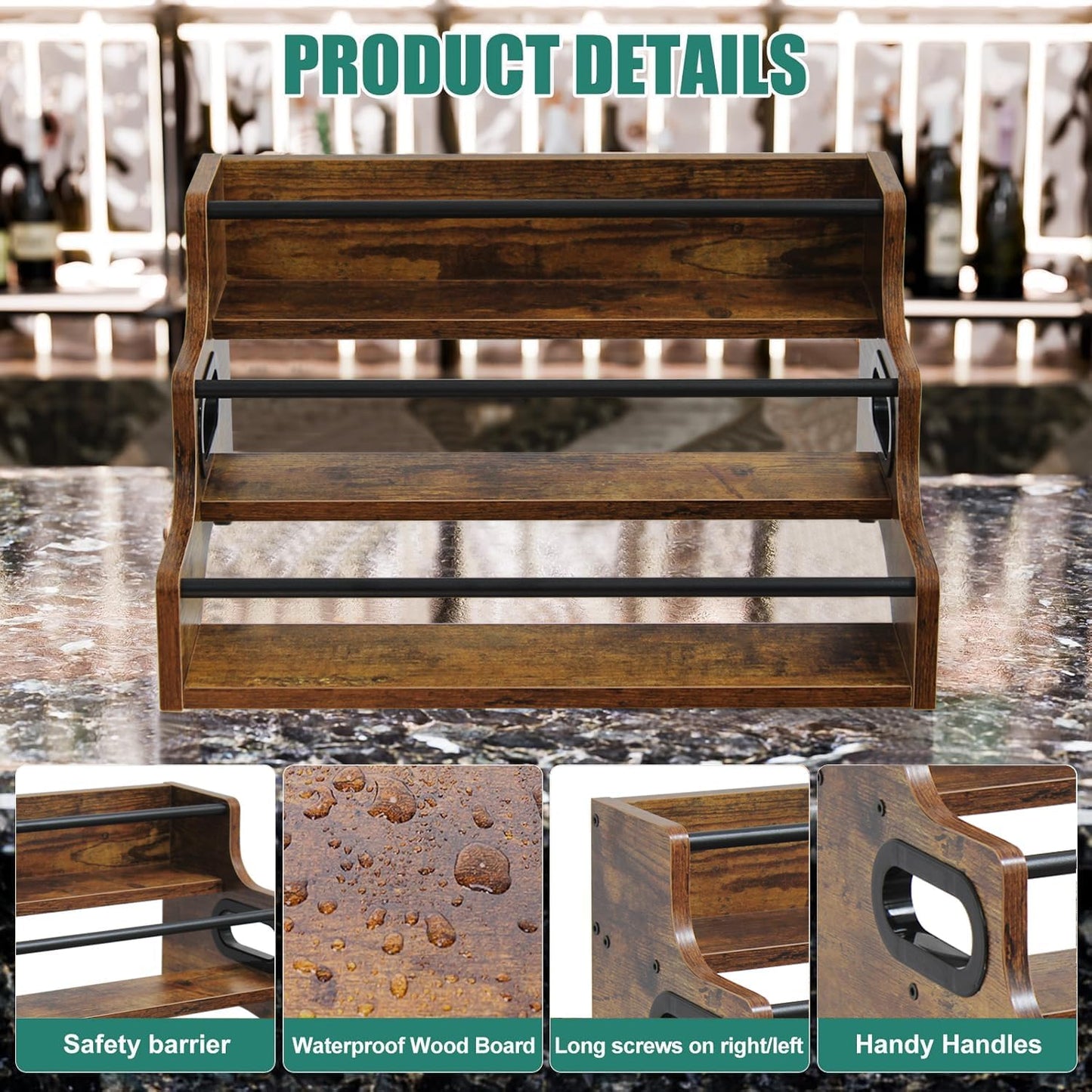 AT-VALY 3-Tier Spice Rack, Iron&MDF Kitchen Storage Shelf, Space-Saving Countertop Organizer for Spices, Herbs, Seasonings, Sturdy Stylish Condiment Holder,Countertop Wine Rack (Rustic Brown)